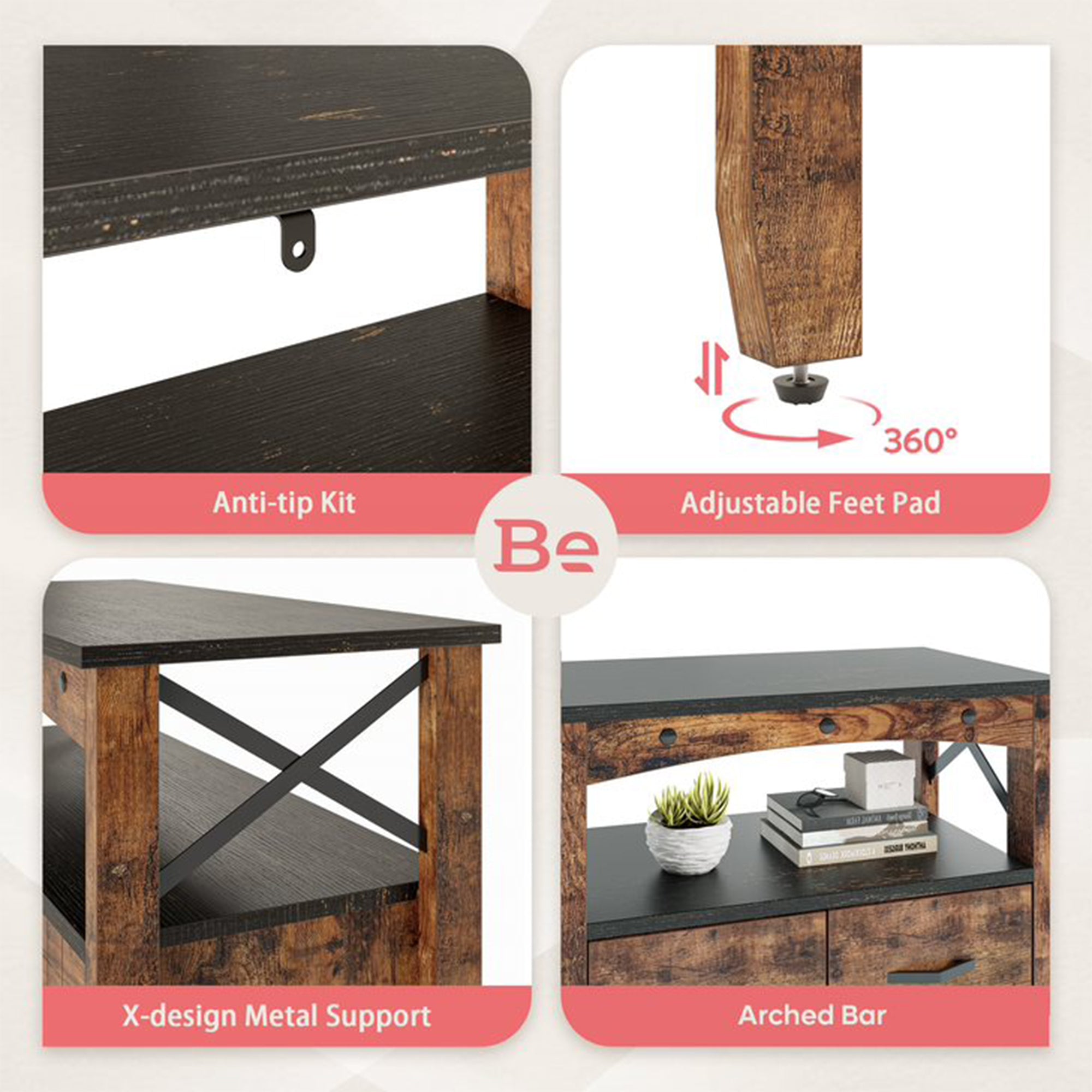Bestier Living Room Storage Cabinet with 2 Shelves and 4 Drawers, Dark Brown - Smart-nests