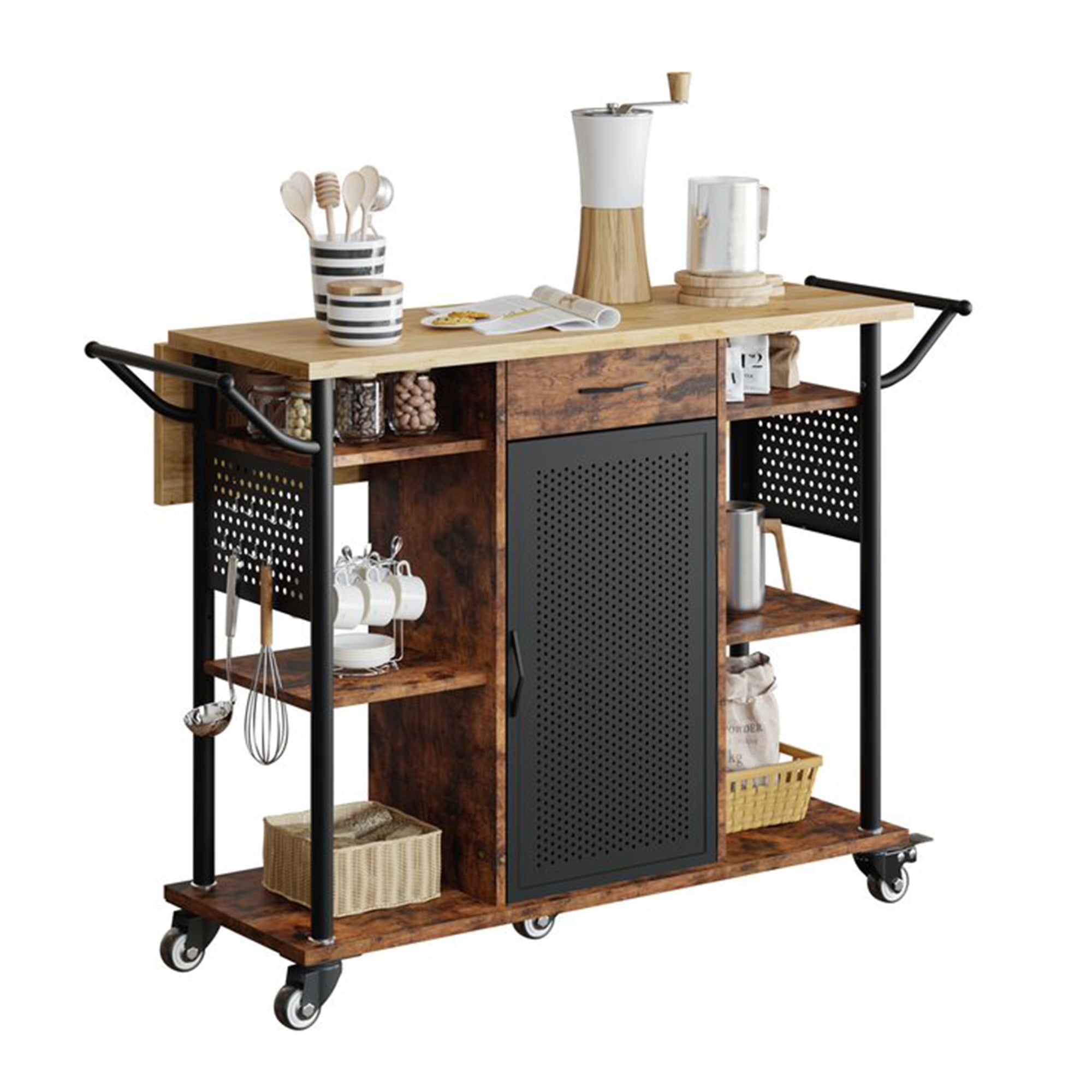 Bestier Rolling Kitchen Utility Cart with Collapsible Surface Extender, Brown - Smart-nests