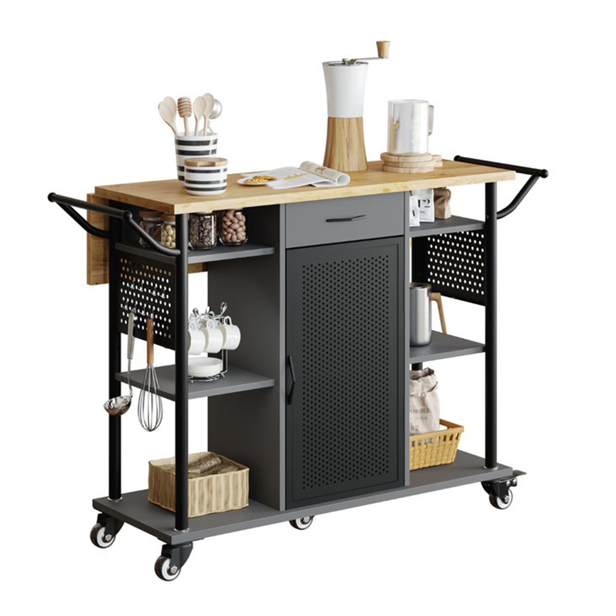Bestier Rolling Kitchen Utility Cart with Collapsible Surface Extender, Grey - Smart-nests