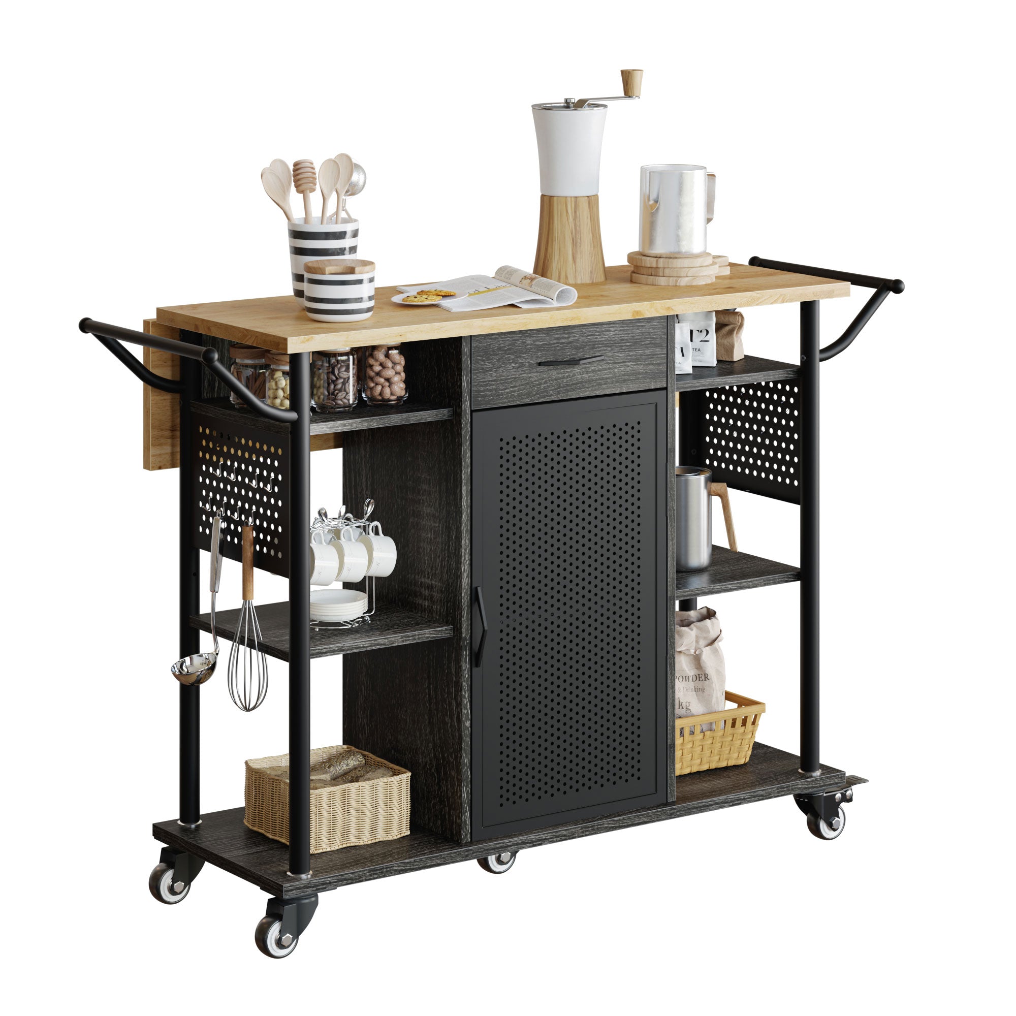 Bestier Rolling Kitchen Utility Cart with Collapsible Surface Extender, Black - Smart-nests