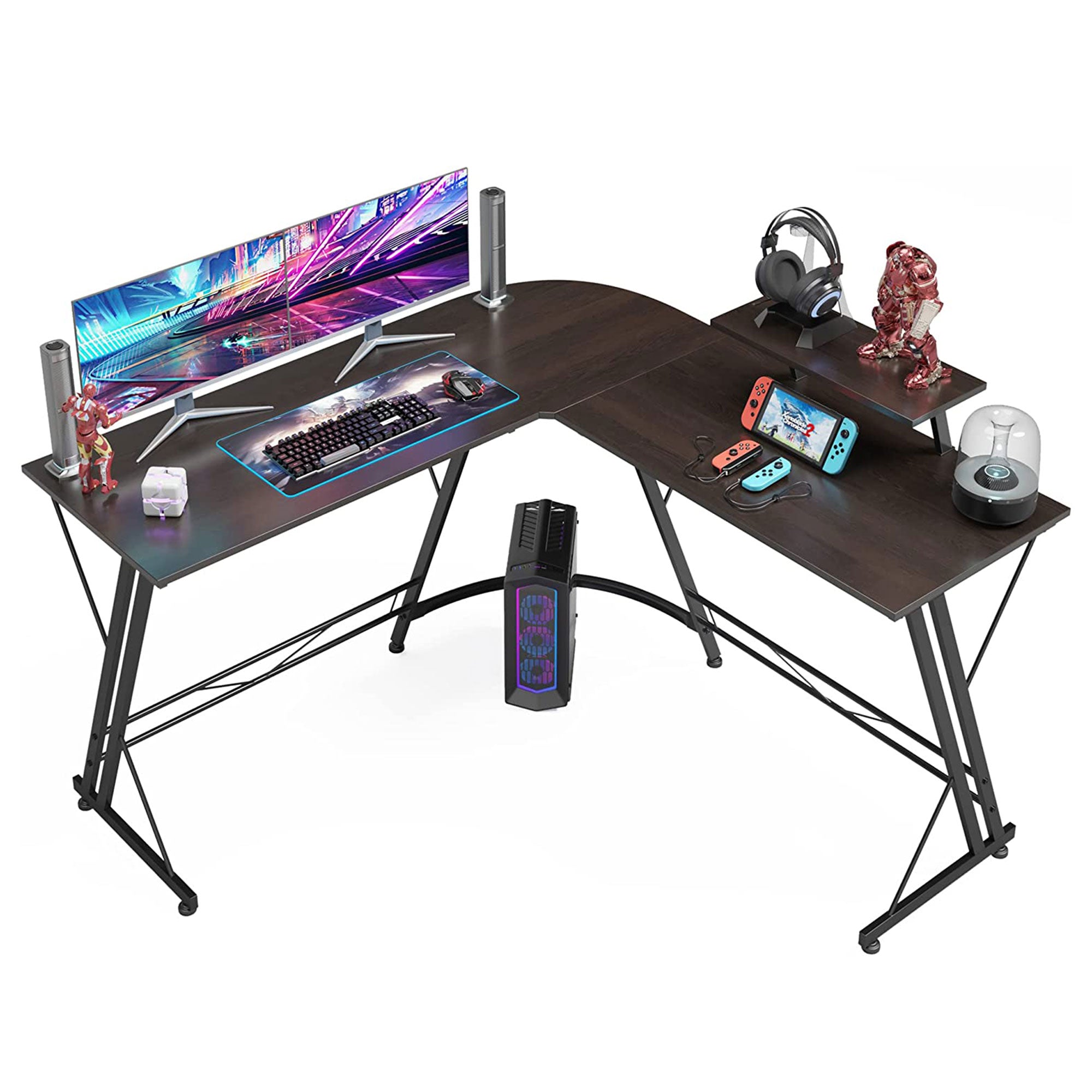 Somdot L Shaped Corner Gaming and Computer Desk with Monitor Stand, Black Walnut - Smart-nests