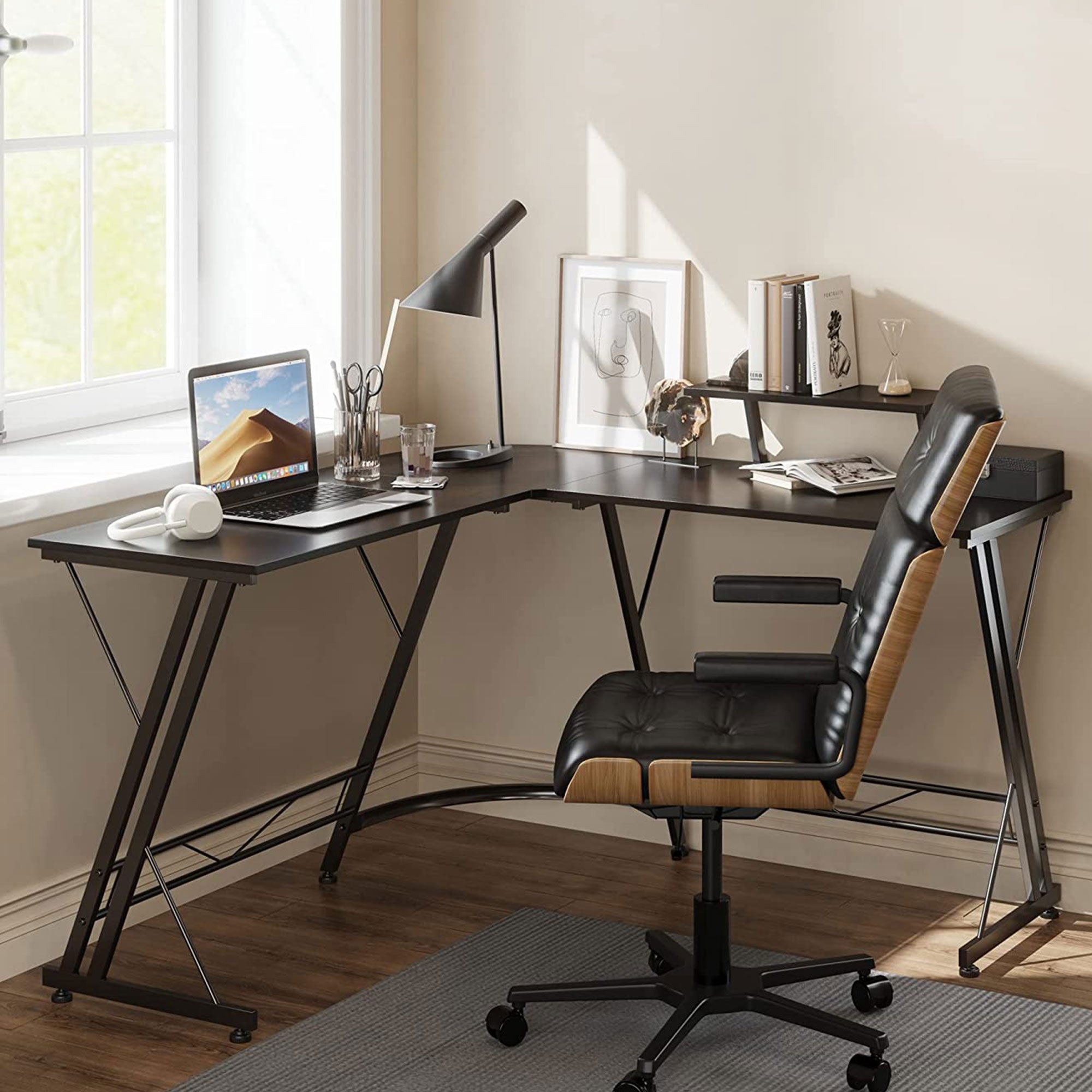 Somdot L Shaped Corner Gaming and Computer Desk with Monitor Stand, Black Walnut - Smart-nests