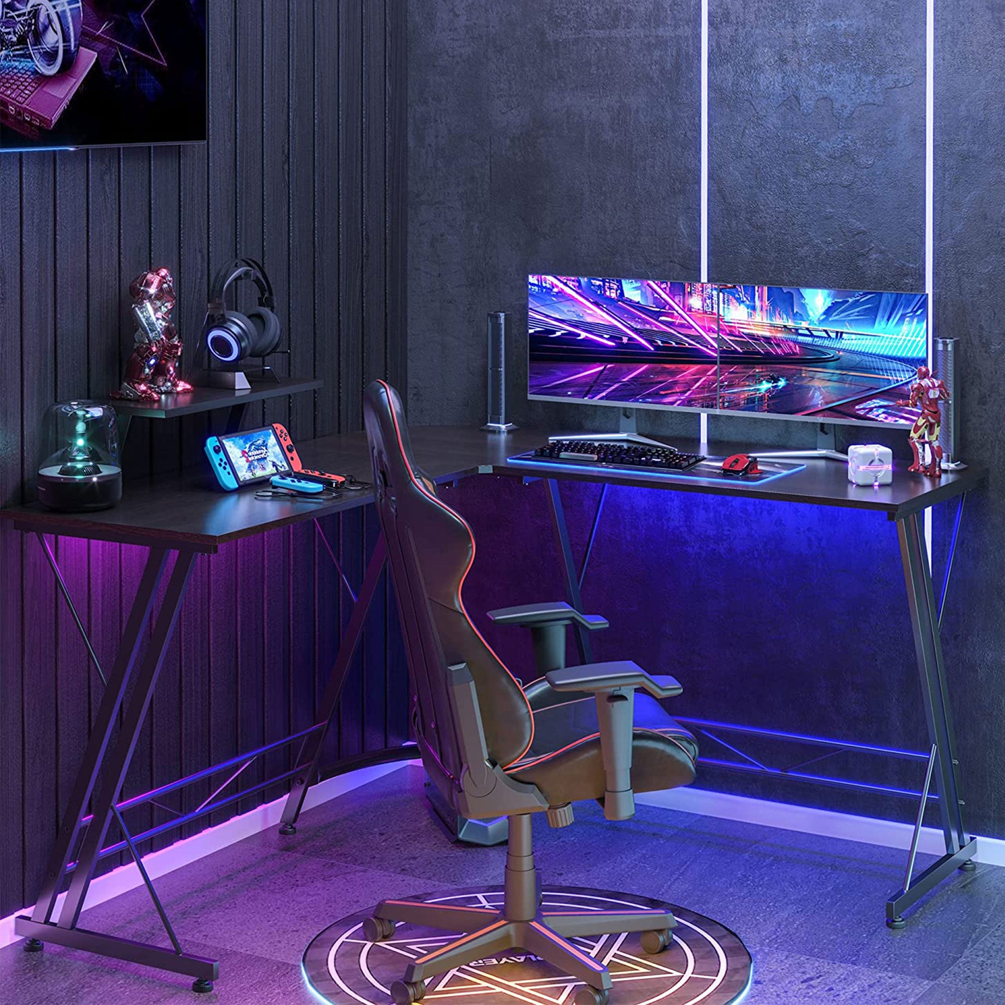 Somdot L Shaped Corner Gaming and Computer Desk with Monitor Stand, Black Walnut - Smart-nests