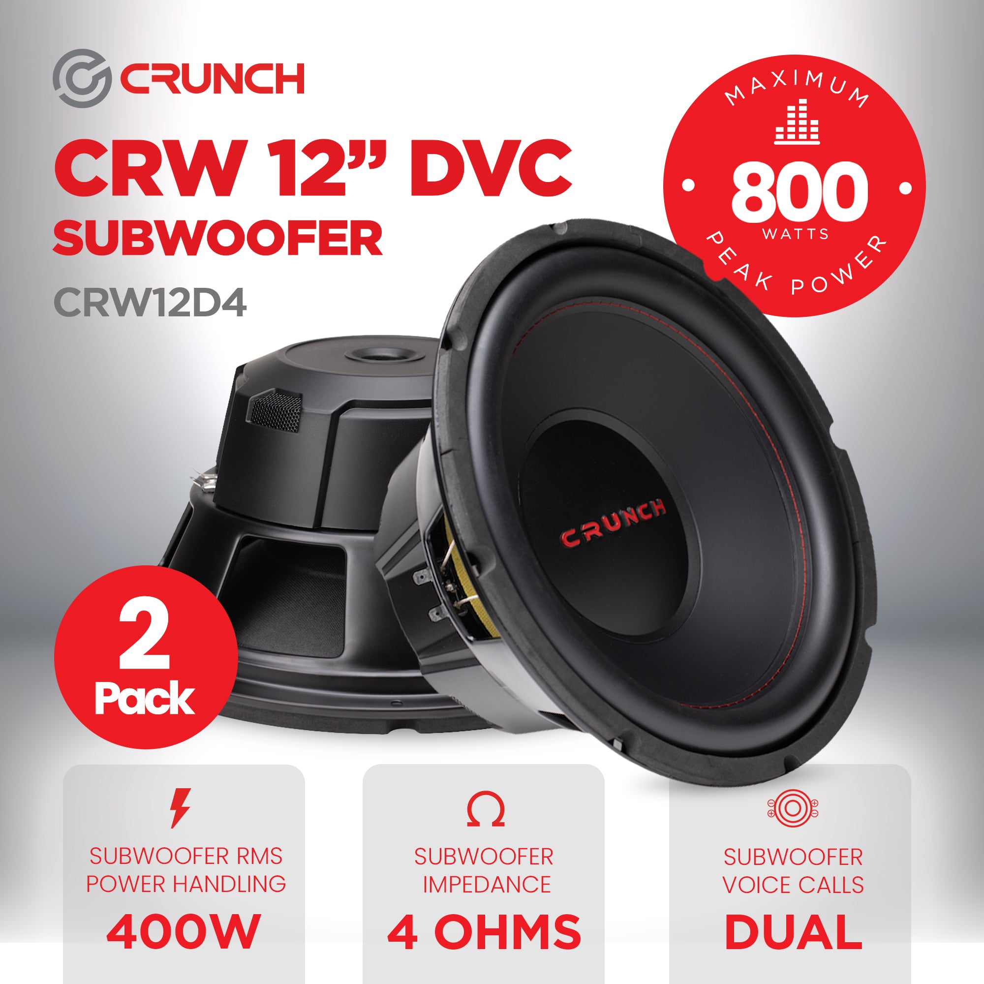 Crunch CRW12D4 12 Inch MAX 4 Ohm Dual Voice Coil Car Subwoofer Speakers (2 Pack) - Smart-nests