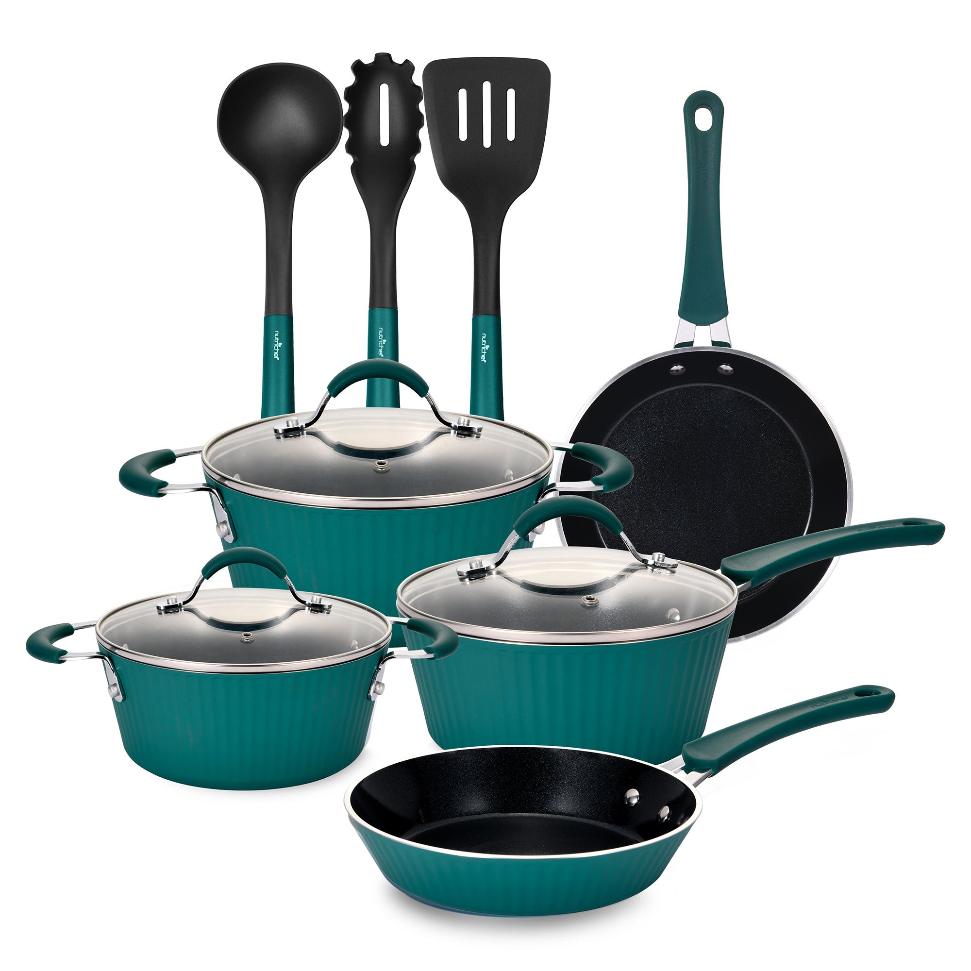 NutriChef 11 Piece Nonstick Elegant Lines Pattern Kitchen Cookware Set, Teal - Smart-nests