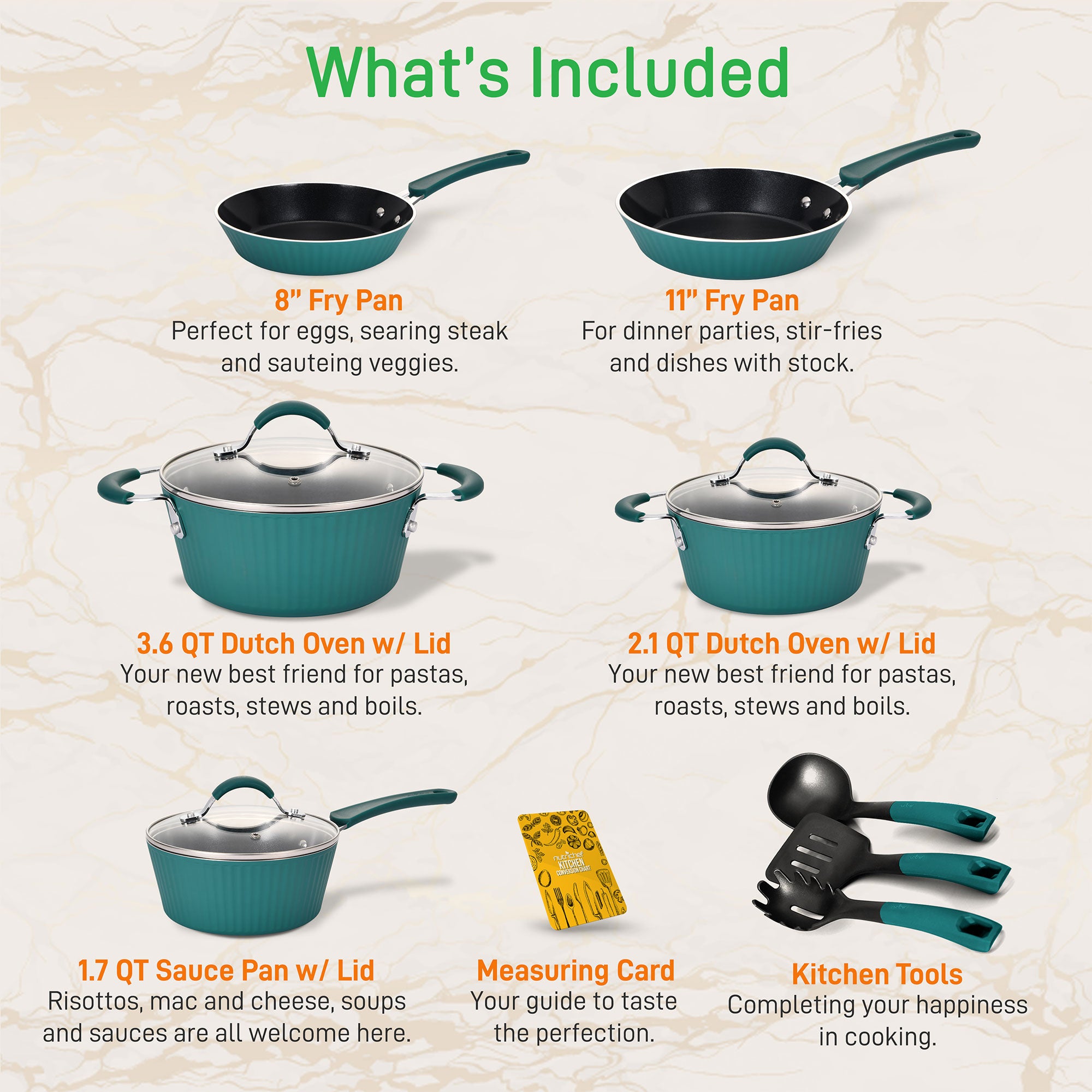 NutriChef 11 Piece Nonstick Elegant Lines Pattern Kitchen Cookware Set, Teal - Smart-nests