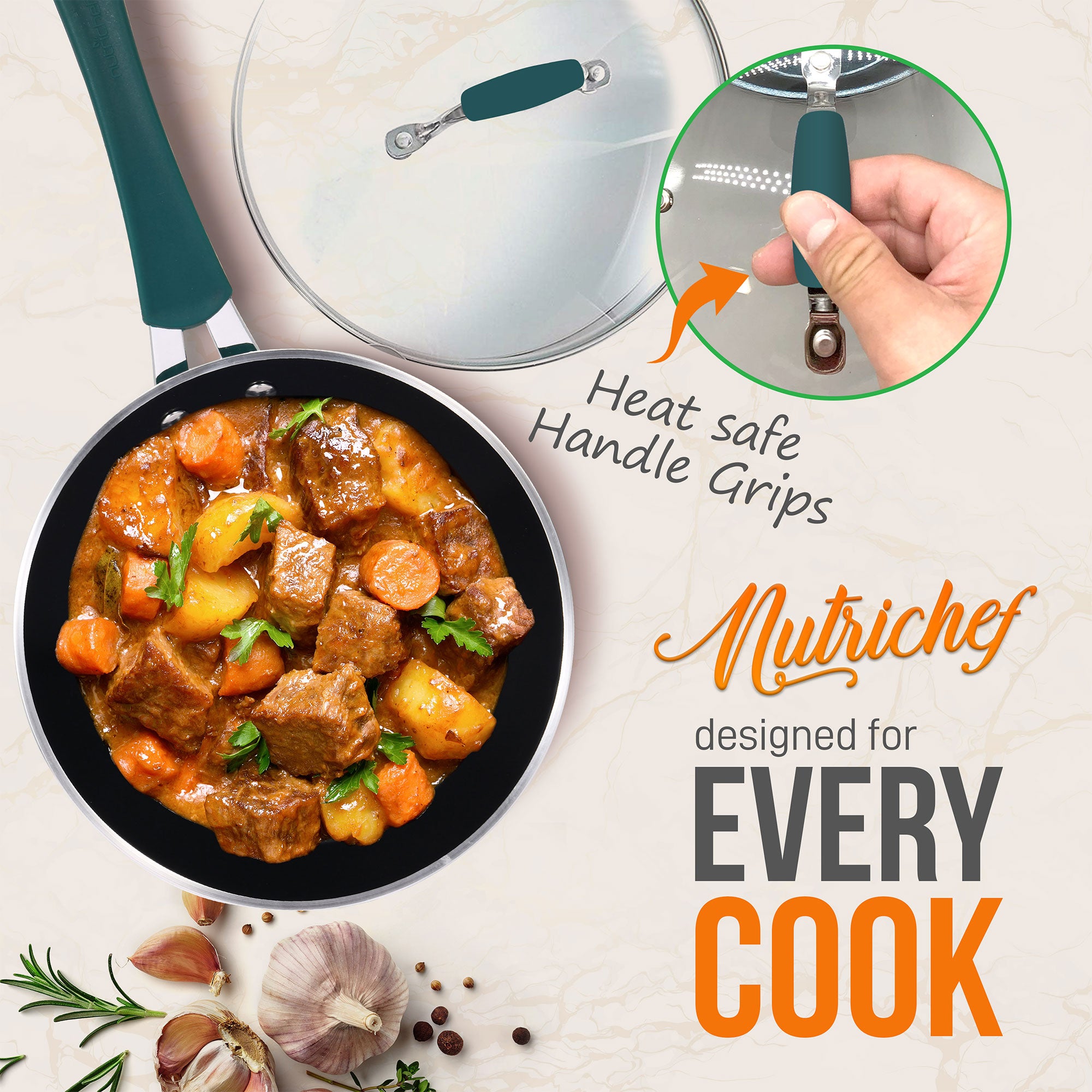NutriChef 11 Piece Nonstick Elegant Lines Pattern Kitchen Cookware Set, Teal - Smart-nests