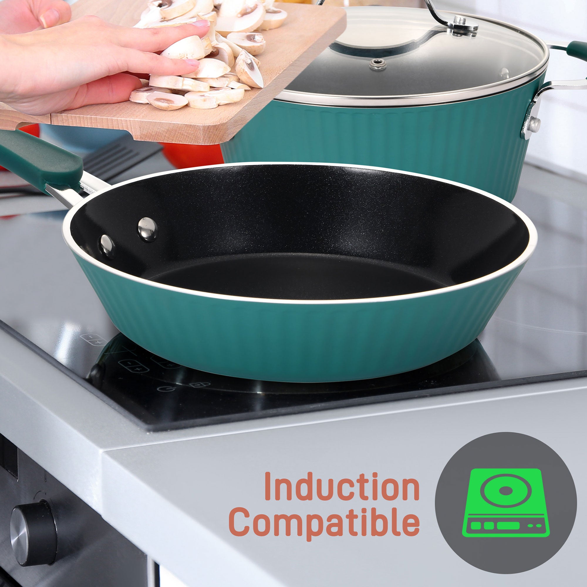 NutriChef 11 Piece Nonstick Elegant Lines Pattern Kitchen Cookware Set, Teal - Smart-nests
