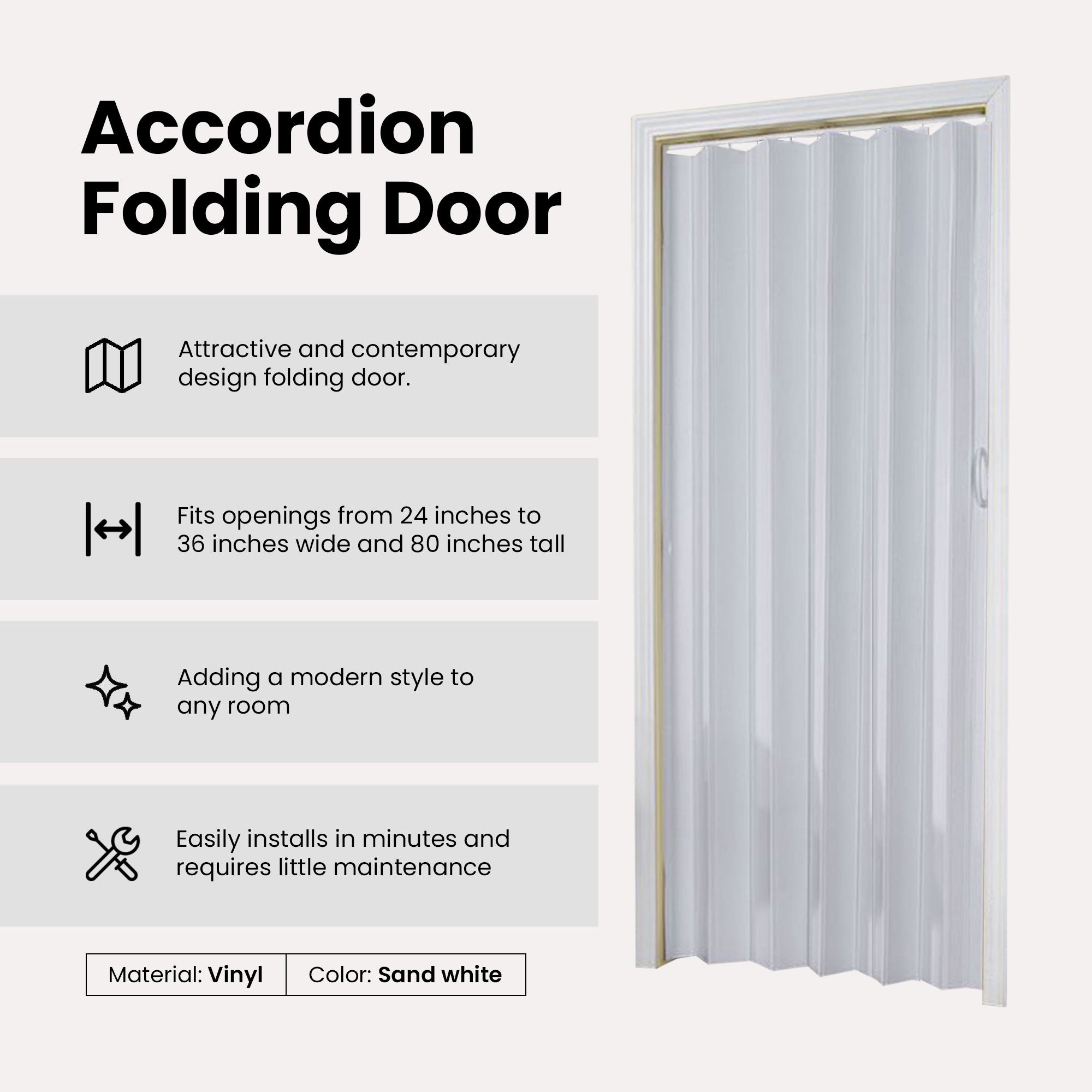 LTL Home Products Contempora Accordion Folding Door, 36 x 80 Inches, Sand White - Smart-nests