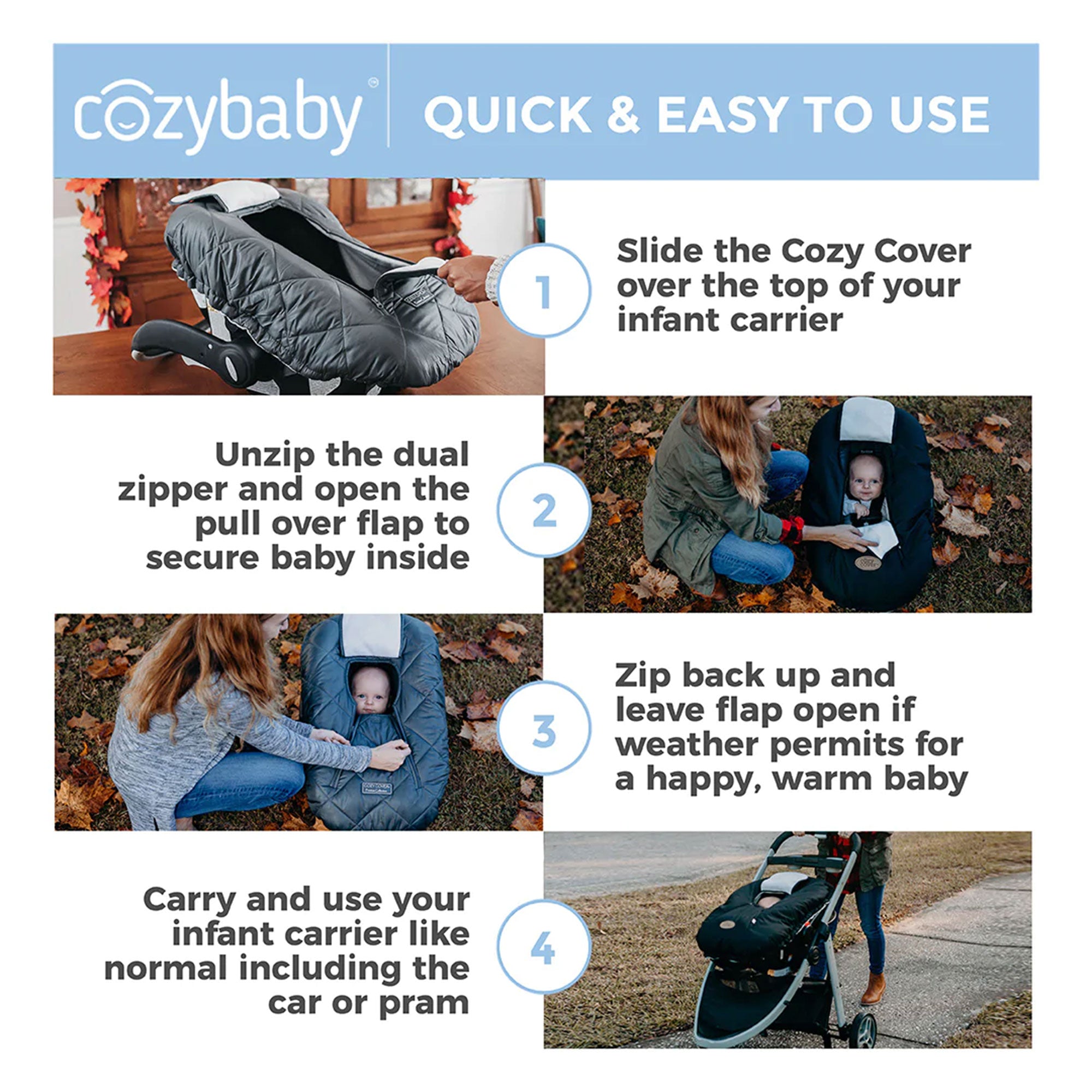 CozyBaby Premium Infant Car Seat Cover with Dual Zippers & Elastic Edge, Black - Smart-nests