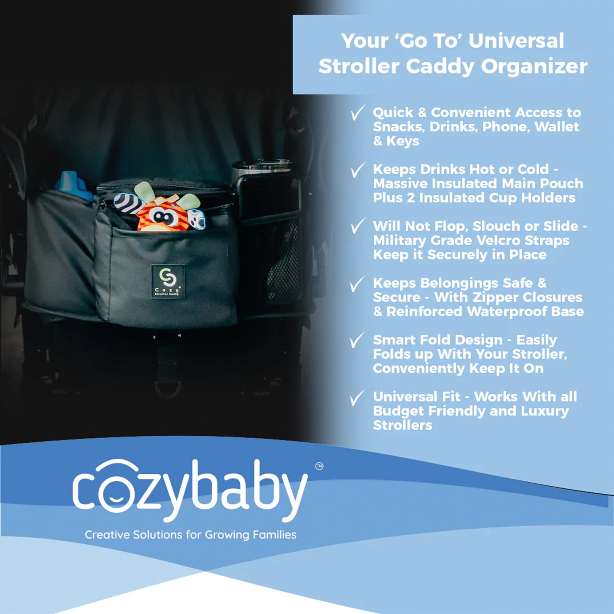 Cozy Cover CozyBaby Stroller Organizer Insulated Storage Caddy Basket, Black - Smart-nests