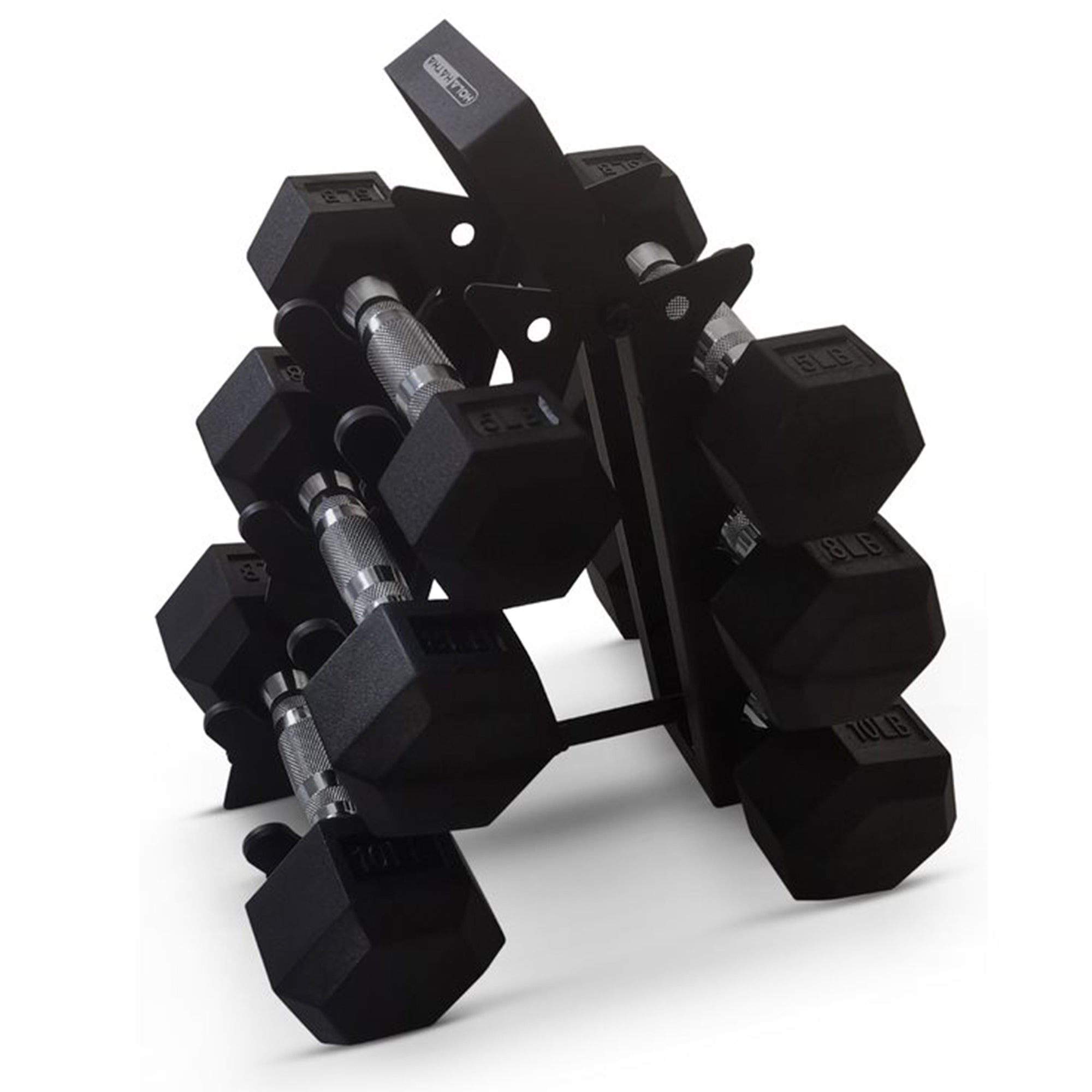 HolaHatha Hexagonal Dumbbell Free Hand Weight Set w/ Rack, 5, 8, & 10 Lbs, Black - Smart-nests
