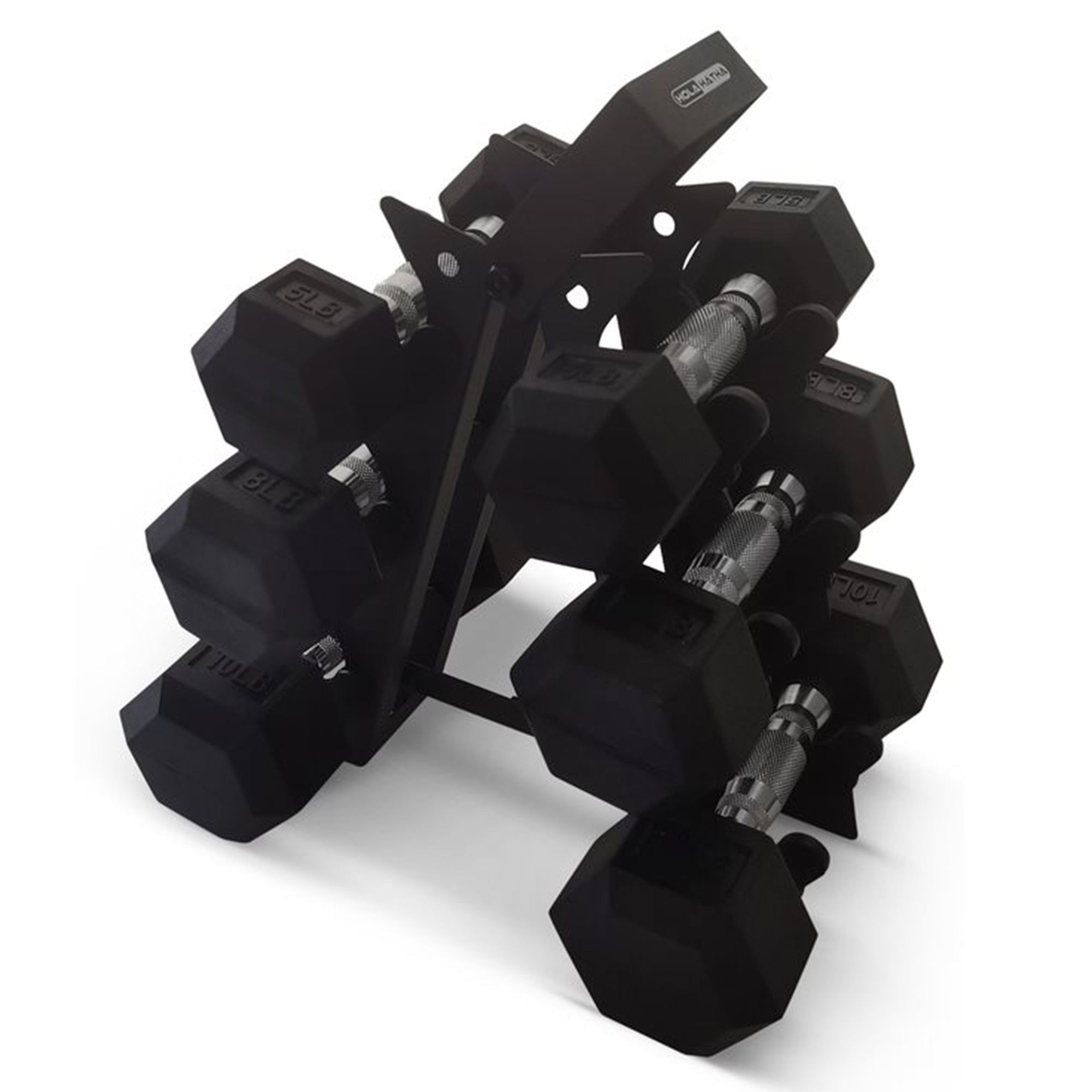 HolaHatha Hexagonal Dumbbell Free Hand Weight Set w/ Rack, 5, 8, & 10 Lbs, Black - Smart-nests
