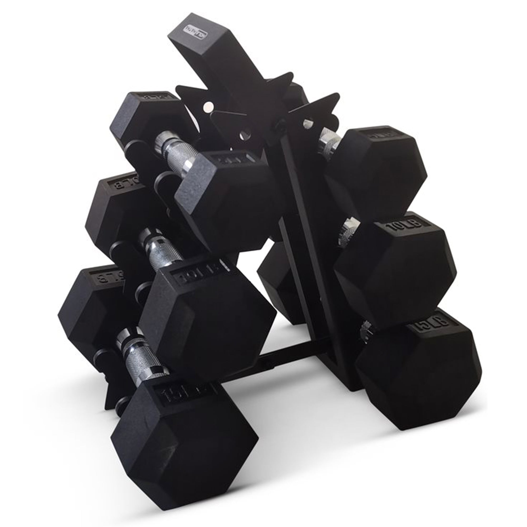 HolaHatha Hexagonal Dumbbell Free Hand Weight Set w/Rack, 5, 10, & 15 Lbs, Black - Smart-nests