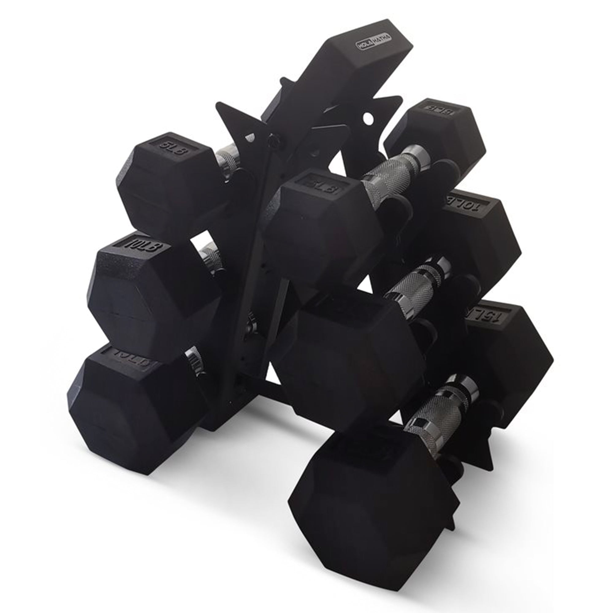 HolaHatha Hexagonal Dumbbell Free Hand Weight Set w/Rack, 5, 10, & 15 Lbs, Black - Smart-nests