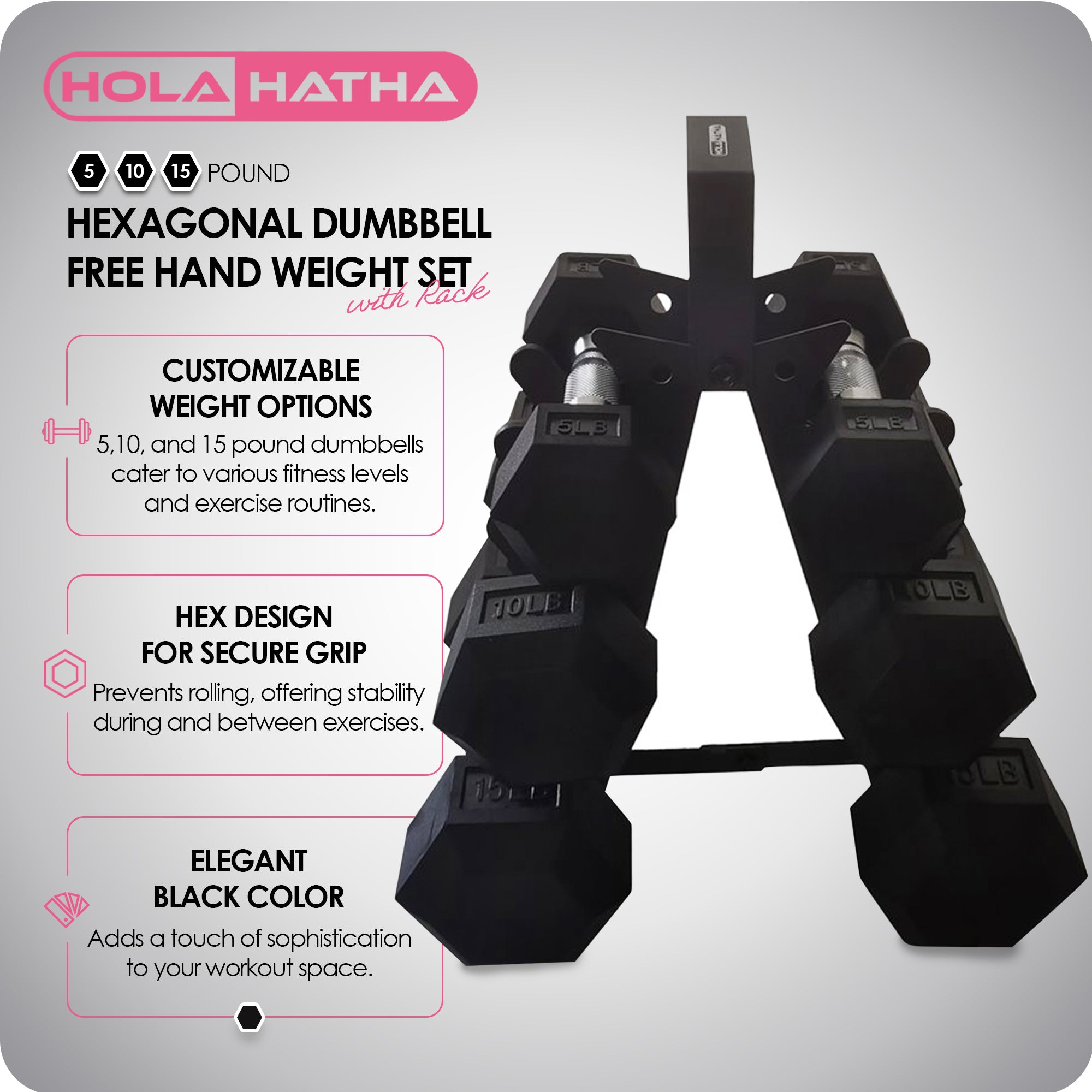 HolaHatha Hexagonal Dumbbell Free Hand Weight Set w/Rack, 5, 10, & 15 Lbs, Black - Smart-nests