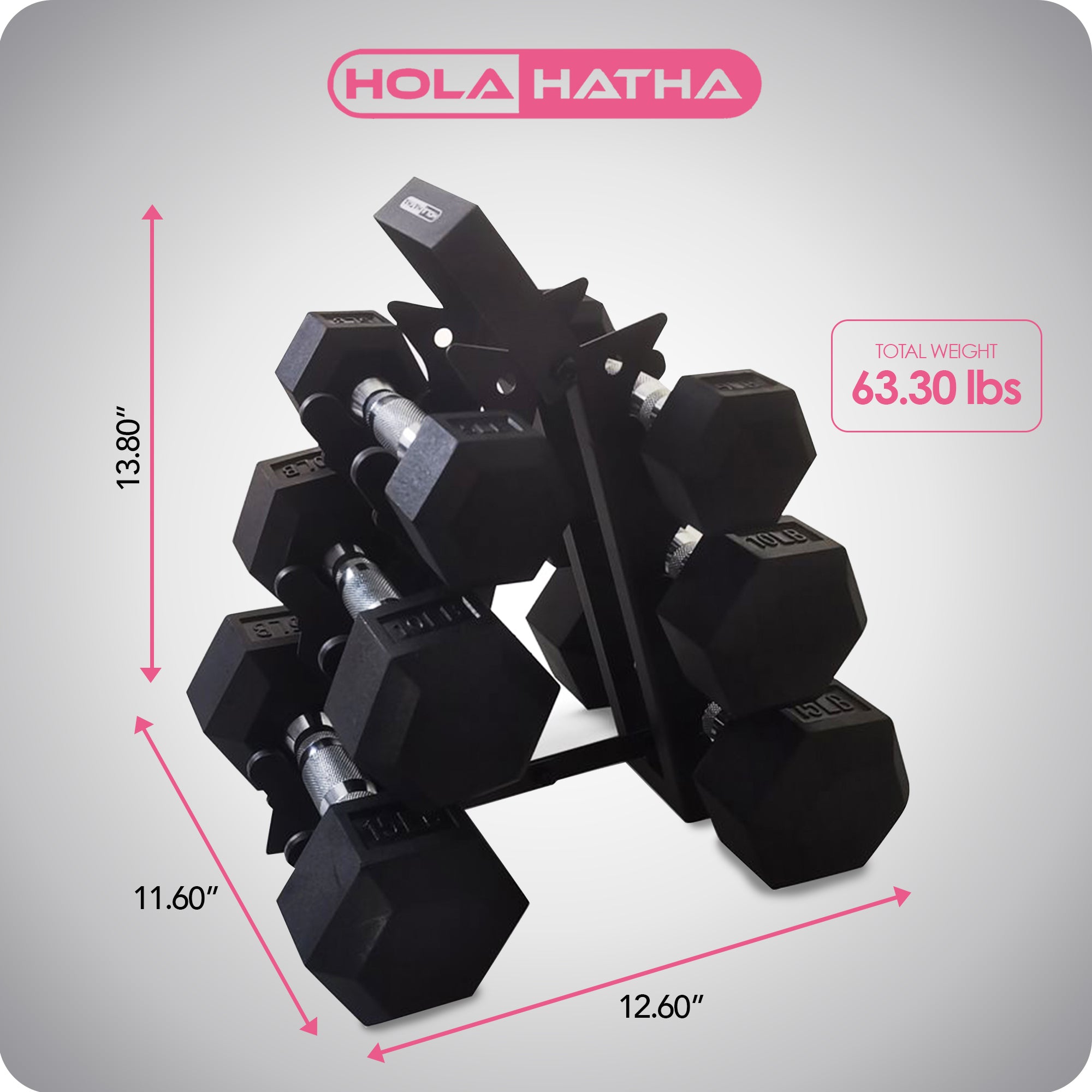 HolaHatha Hexagonal Dumbbell Free Hand Weight Set w/Rack, 5, 10, & 15 Lbs, Black - Smart-nests