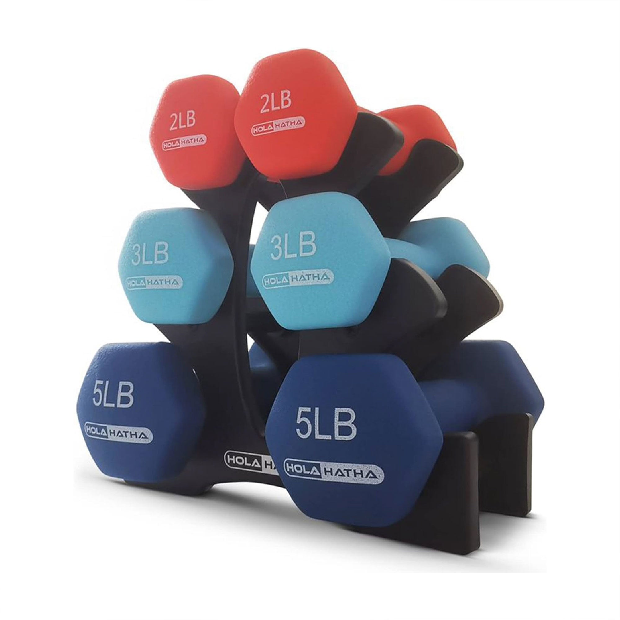 HolaHatha 2, 3, & 5 Lb Neoprene Dumbbell Free Hand Weight Set w/ Rack, Red/Blue - Smart-nests