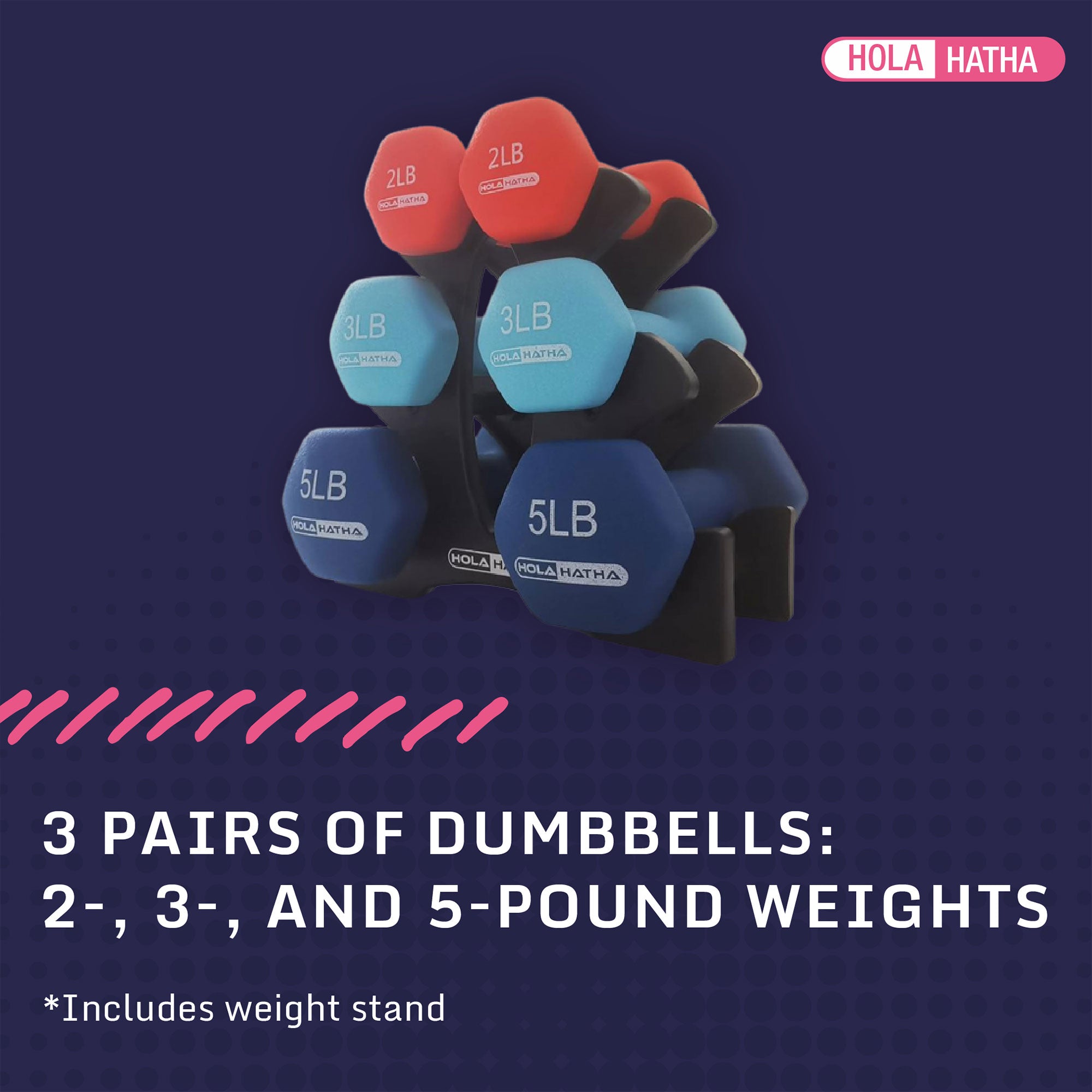 HolaHatha 2, 3, & 5 Lb Neoprene Dumbbell Free Hand Weight Set w/ Rack, Red/Blue - Smart-nests
