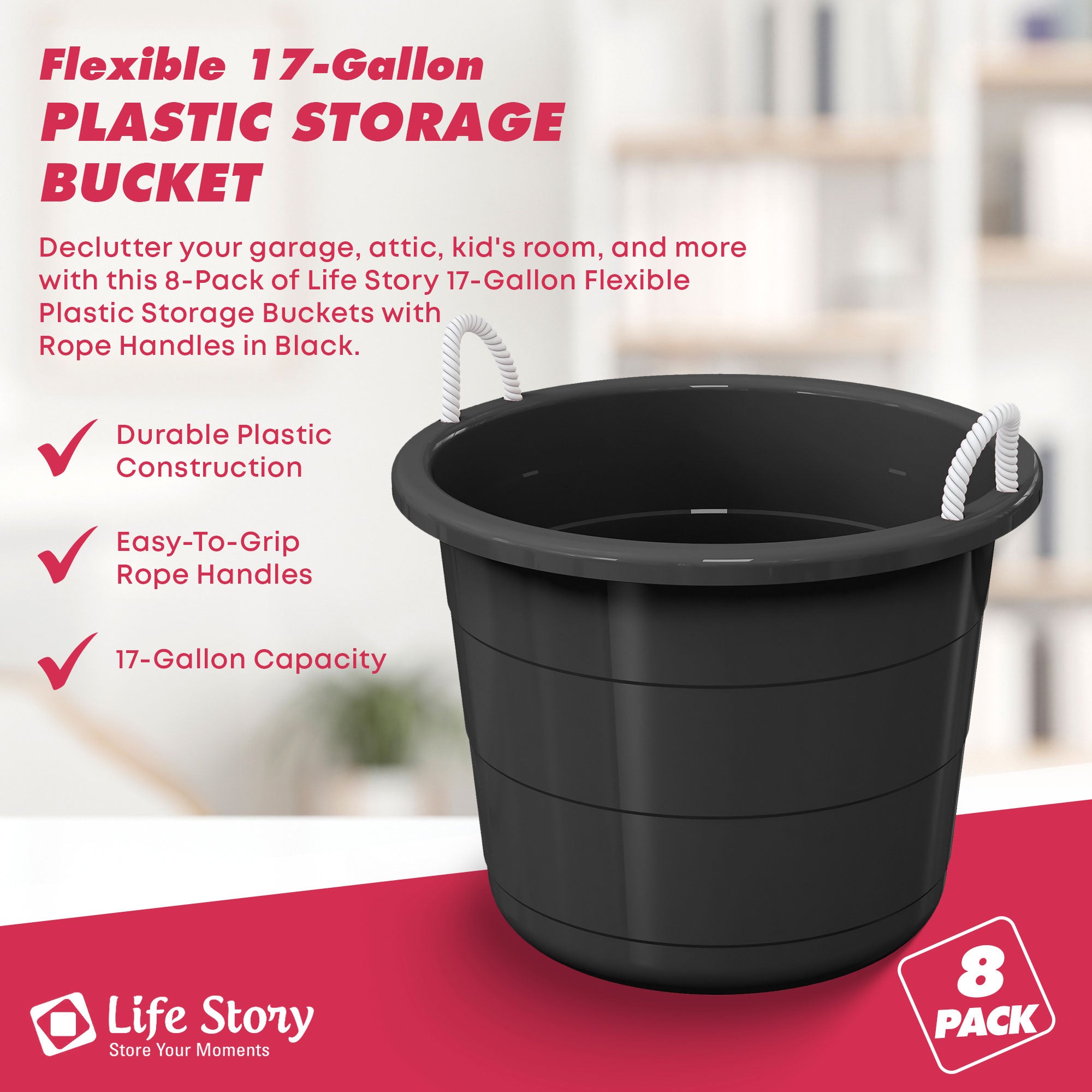 Life Story 17 Gal Flexible Plastic Storage Bucket w/ Rope Handles, Black, 8 Pack - Smart-nests