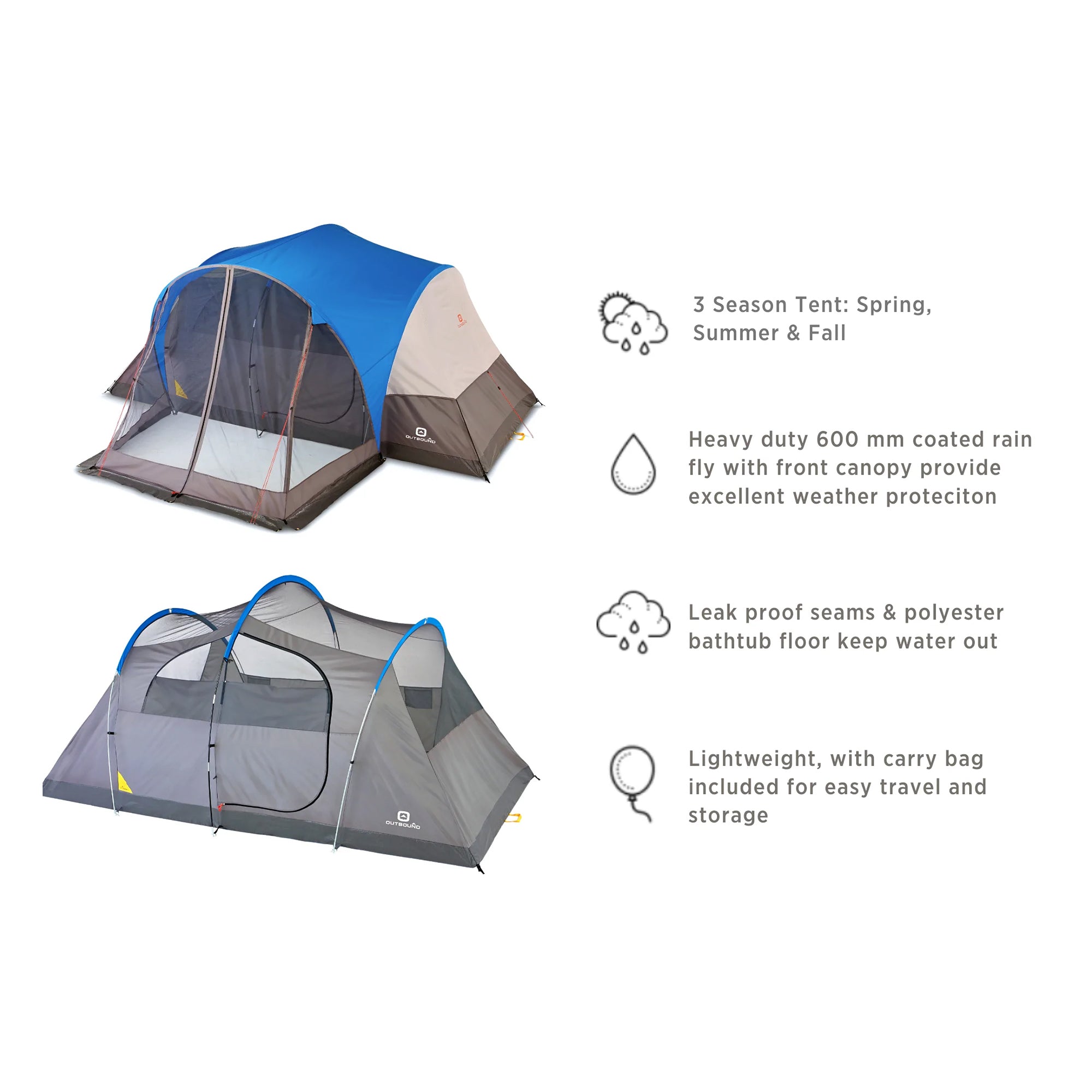 Outbound 8 Person 3 Season Easy Up Camping Dome Tent with Rainfly & Porch, Blue - Smart-nests