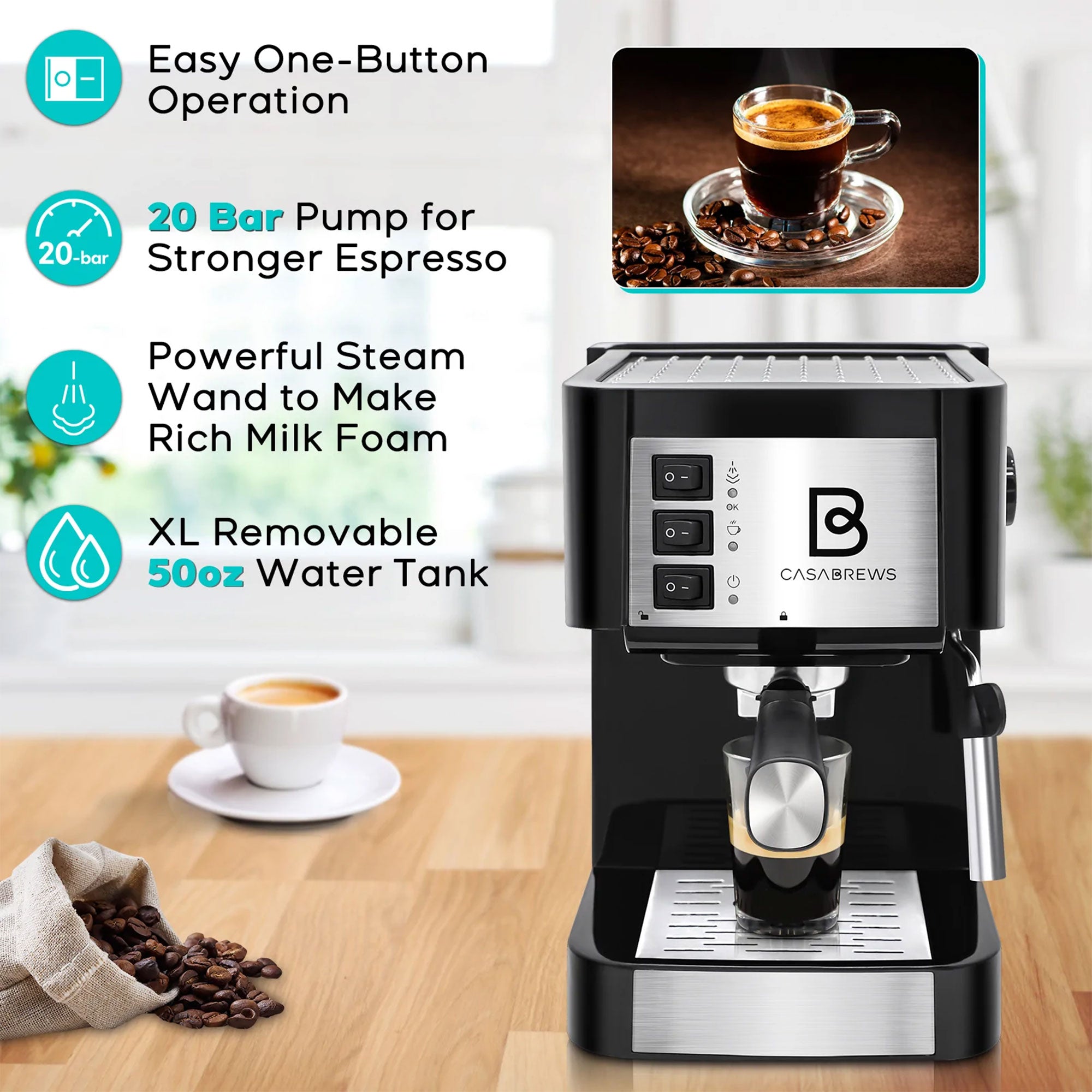 Casabrews Compact Espresso Coffee Machine with Milk Frother Wand, Black & Silver - Smart-nests