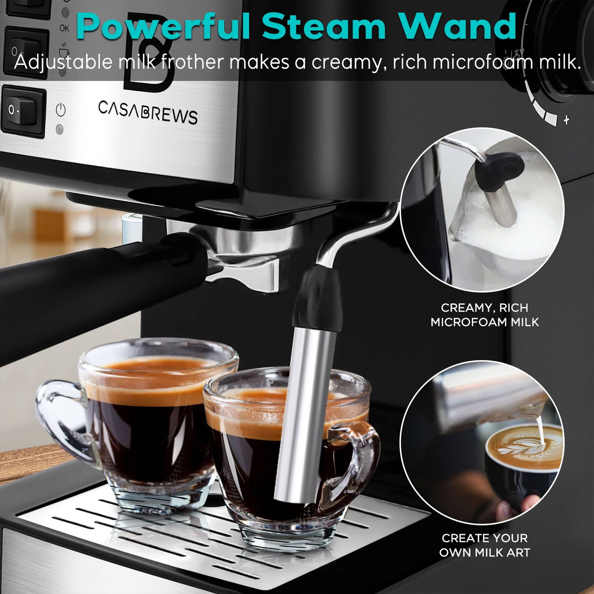 Casabrews Compact Espresso Coffee Machine with Milk Frother Wand, Black & Silver - Smart-nests