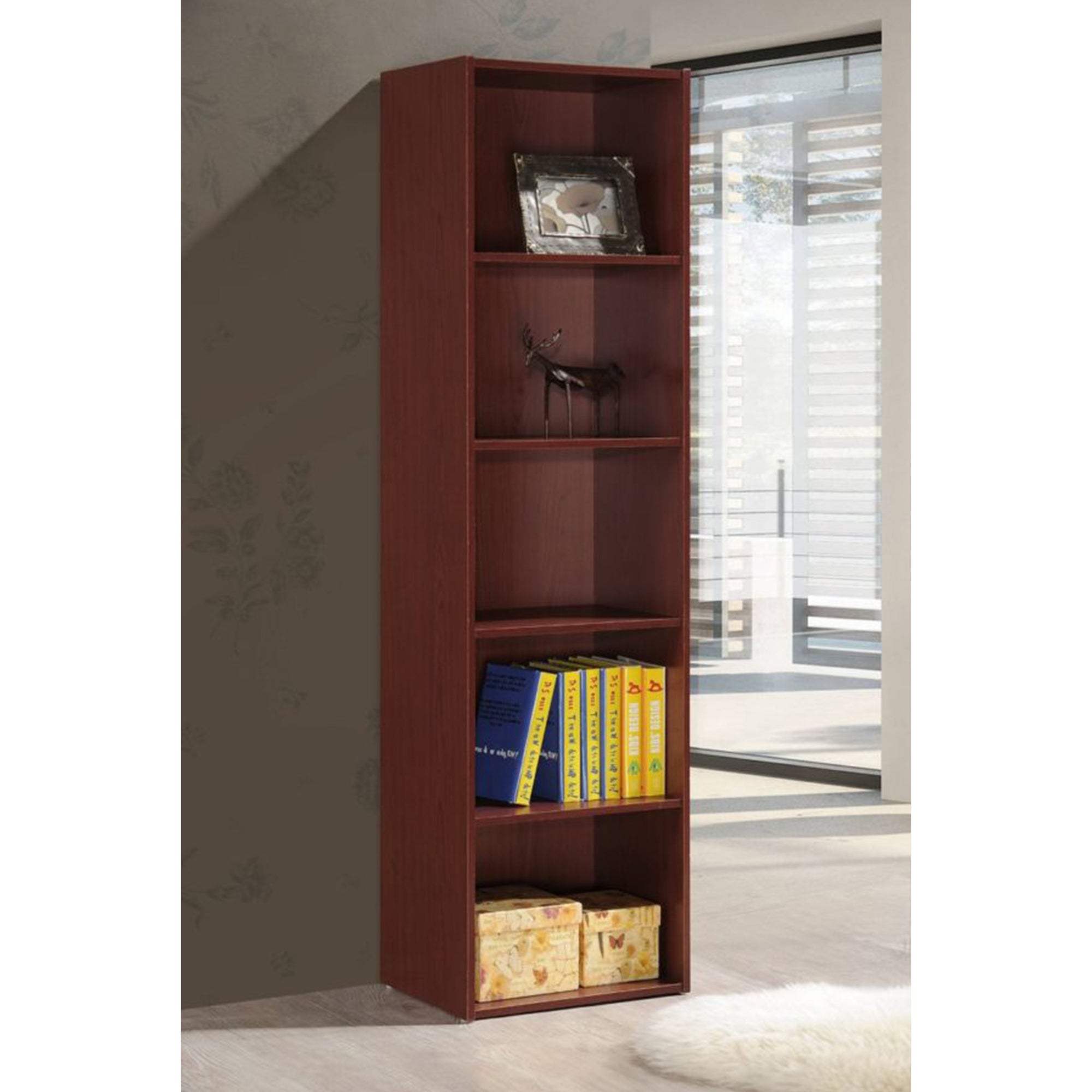 Hodedah 12 x 16 x 60 Inch 5 Shelf Bookcase and Office Organizer, Mahogany Finish - Smart-nests