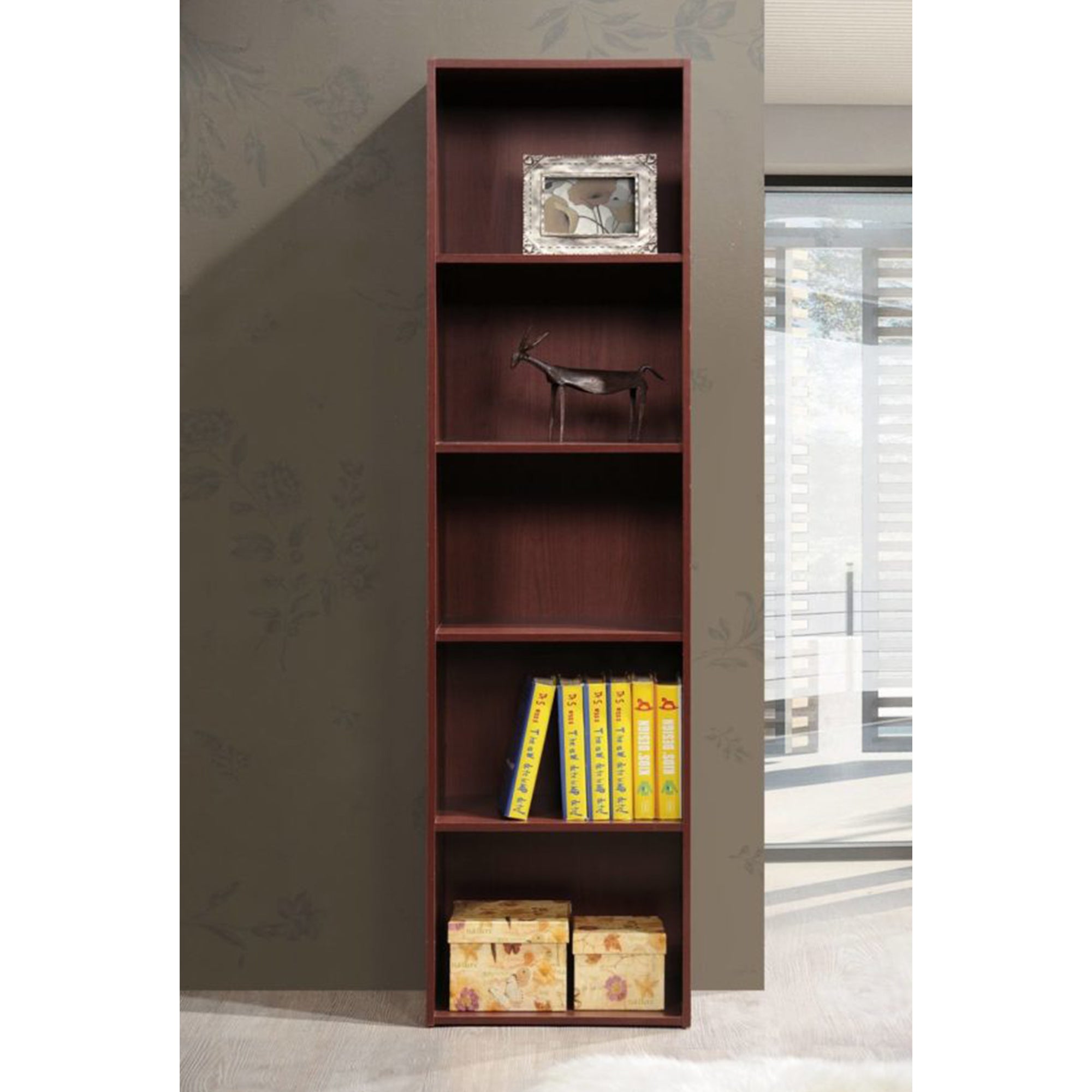Hodedah 12 x 16 x 60 Inch 5 Shelf Bookcase and Office Organizer, Mahogany Finish - Smart-nests