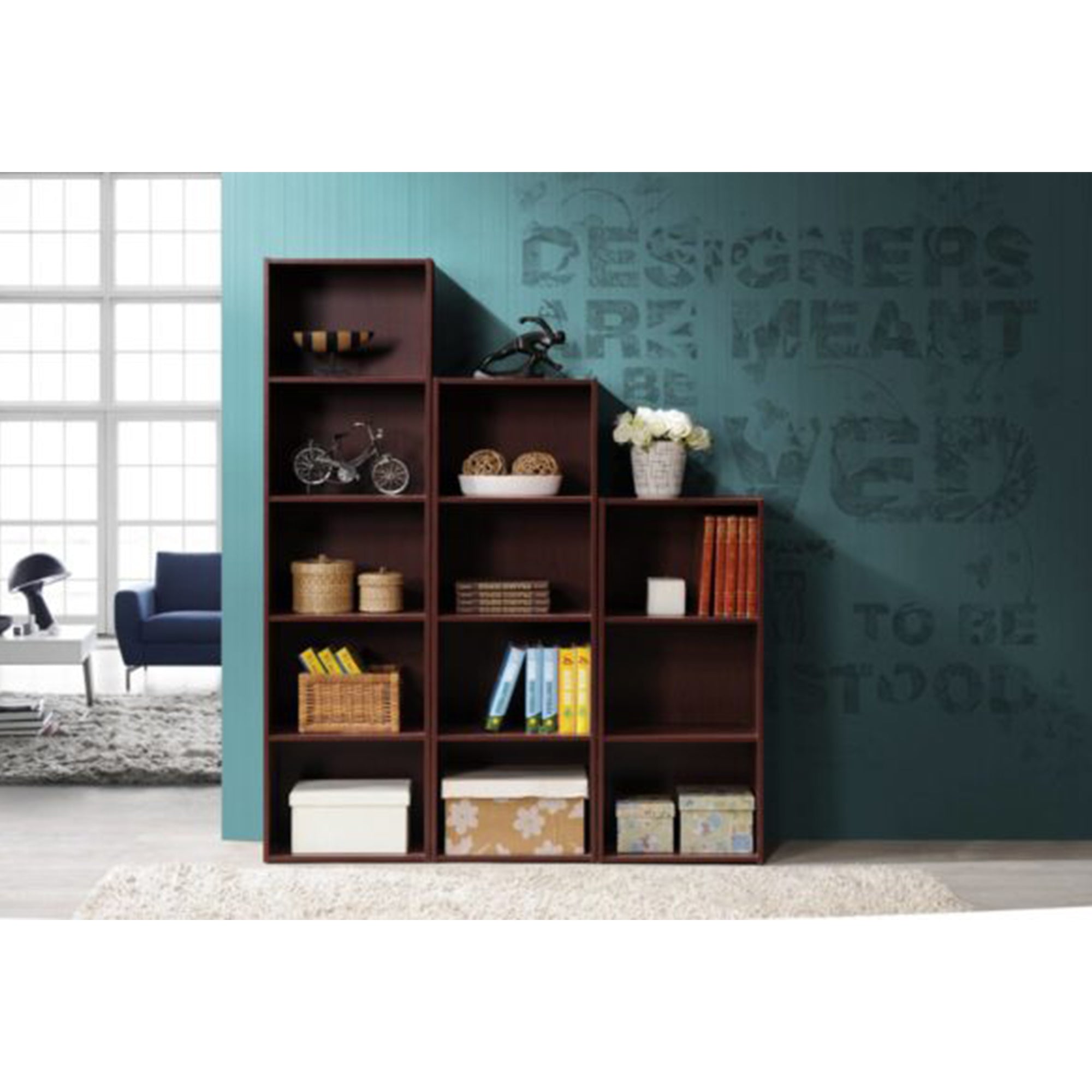 Hodedah 12 x 16 x 60 Inch 5 Shelf Bookcase and Office Organizer, Mahogany Finish - Smart-nests