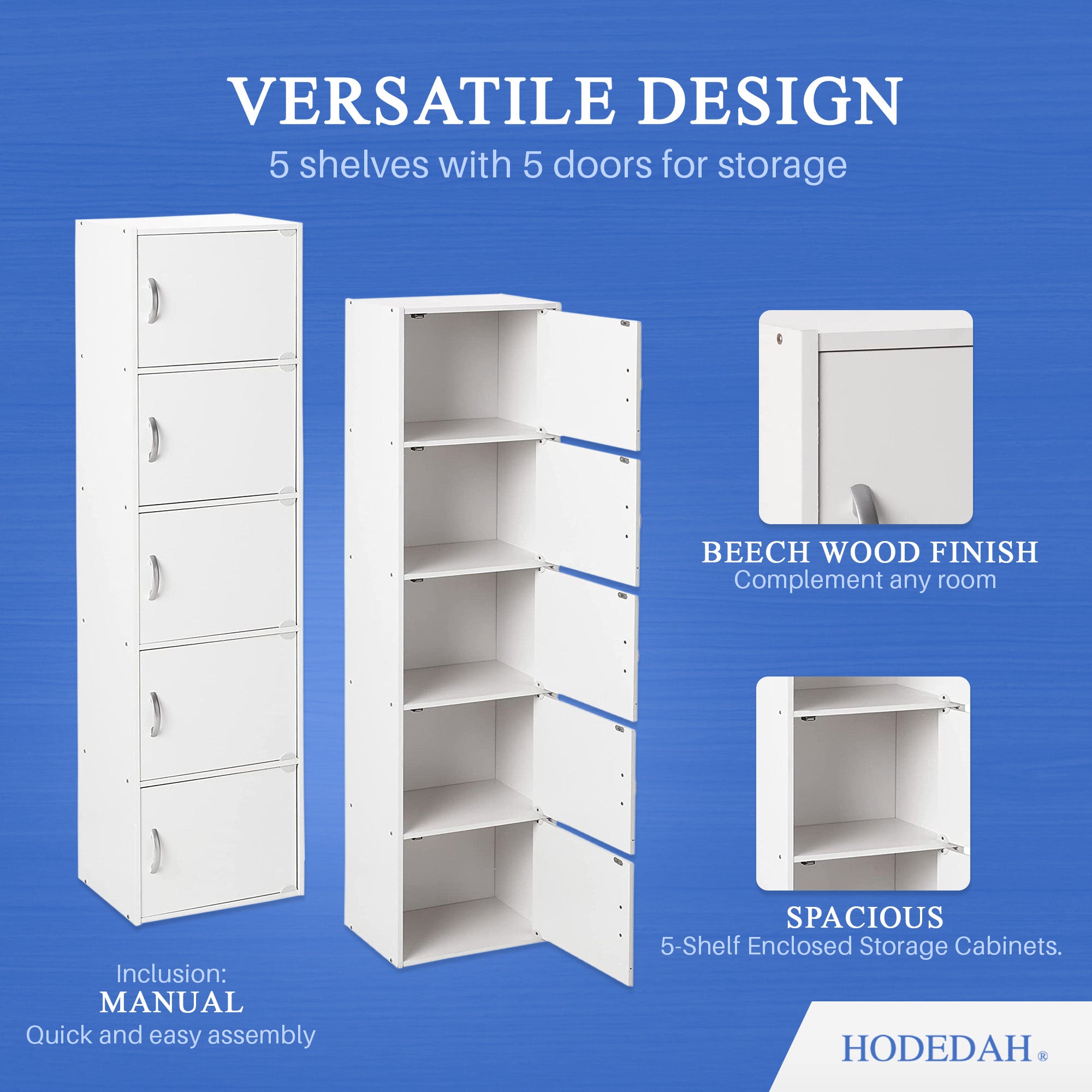 Hodedah 5 Shelf Home and Office Enclosed Organization Storage Cabinet, White - Smart-nests