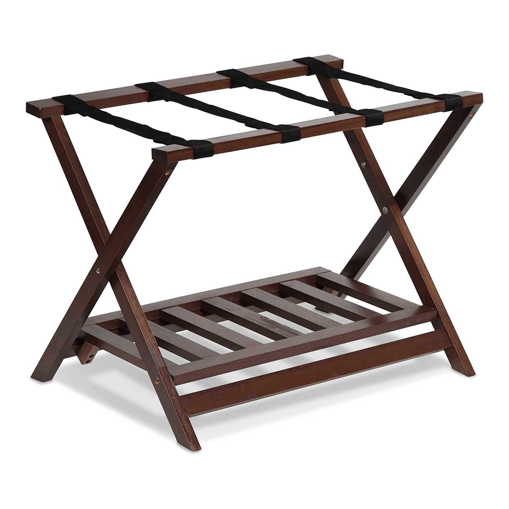 PJ Wood Hotel Style Wood Home Folding Suitcase Luggage Rack with Shelf, Walnut - Smart-nests