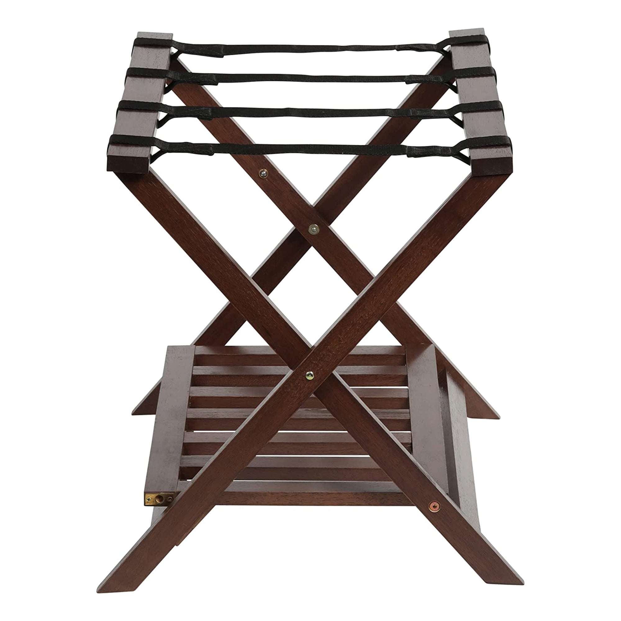 PJ Wood Hotel Style Wood Home Folding Suitcase Luggage Rack with Shelf, Walnut - Smart-nests