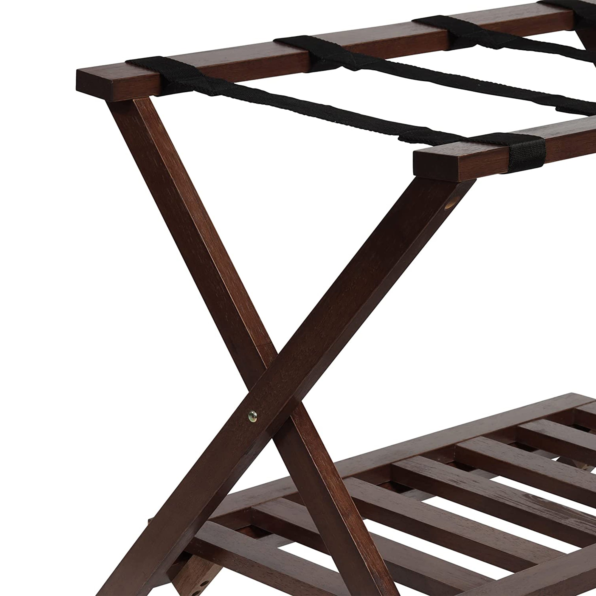 PJ Wood Hotel Style Wood Home Folding Suitcase Luggage Rack with Shelf, Walnut - Smart-nests