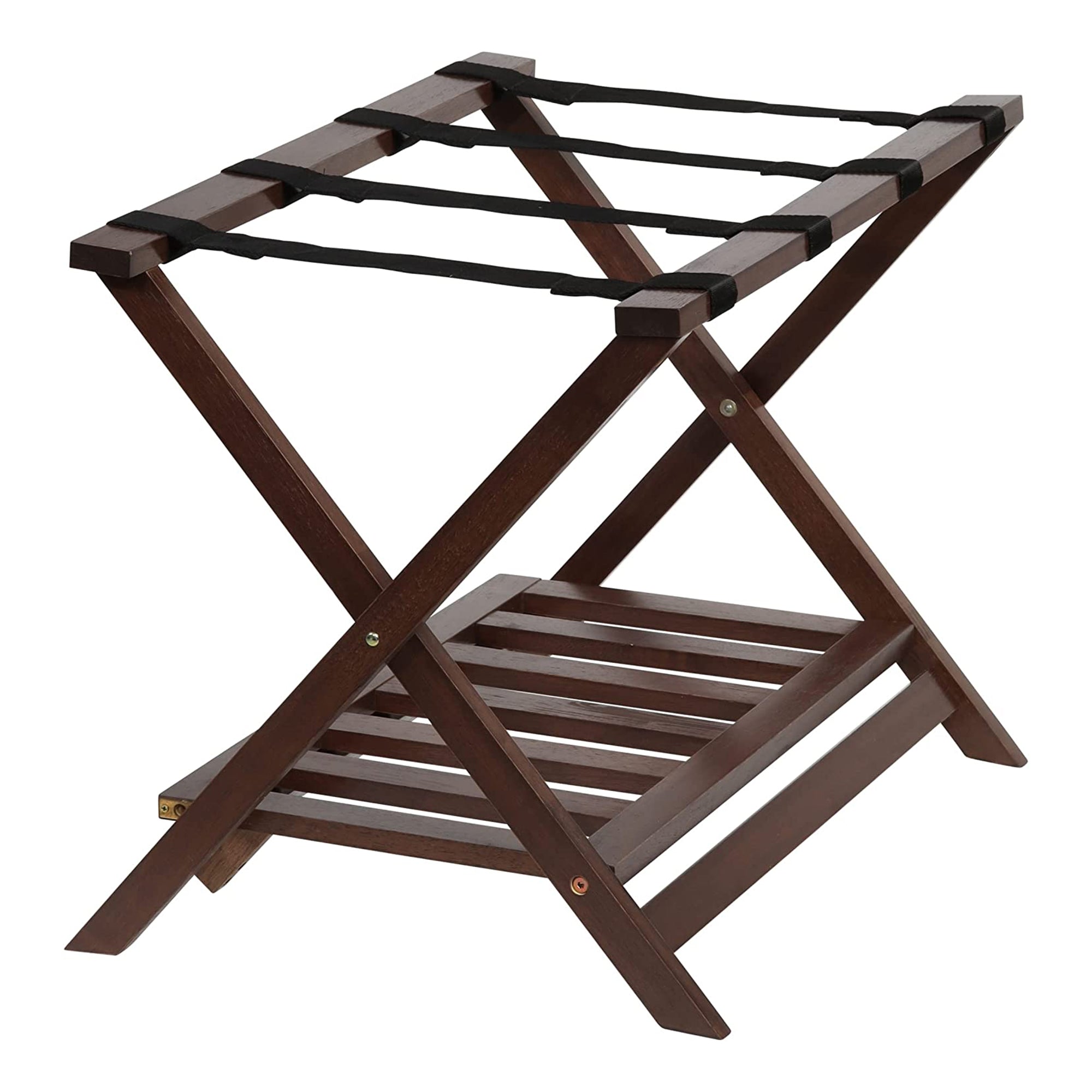 PJ Wood Hotel Style Wood Home Folding Suitcase Luggage Rack with Shelf, Walnut - Smart-nests