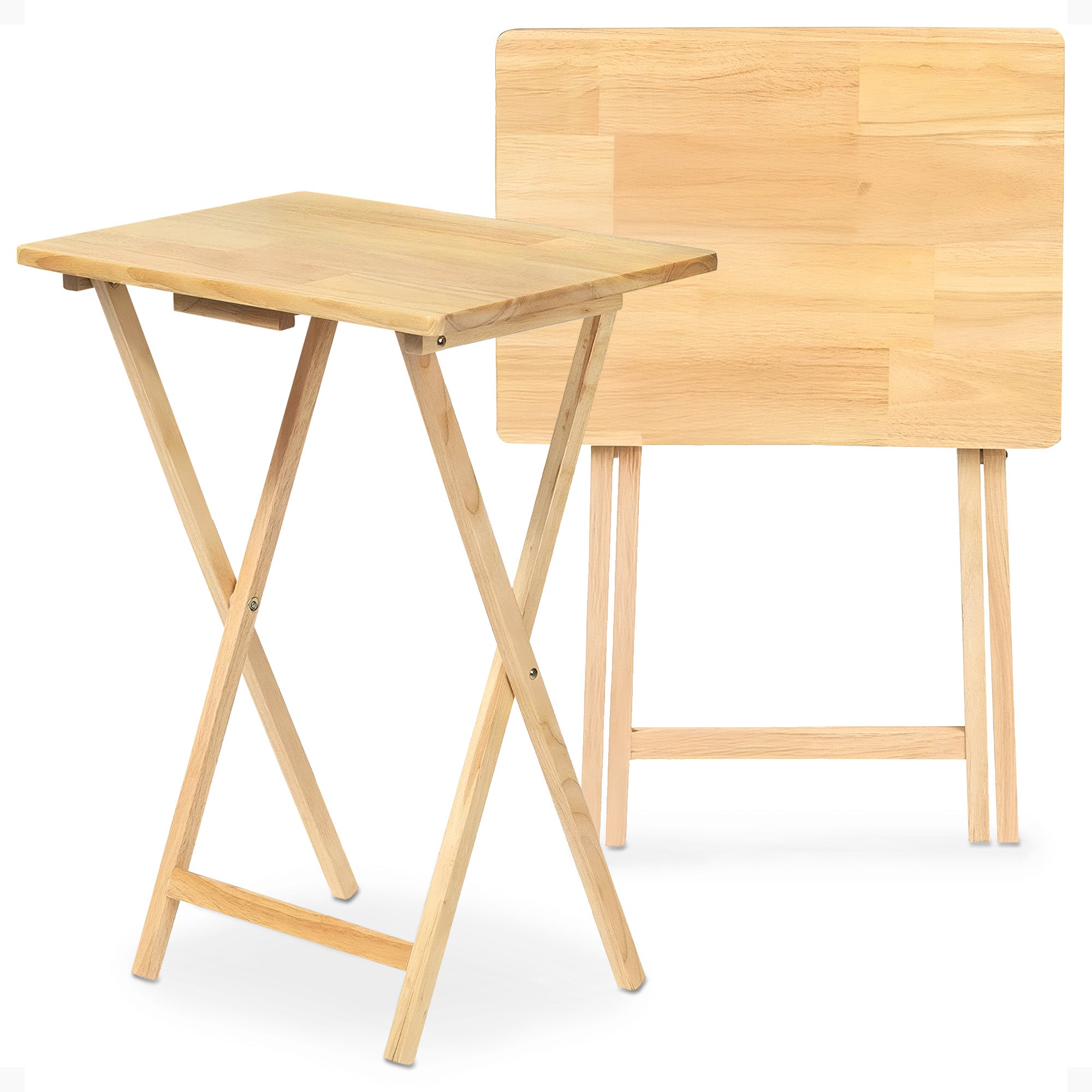 PJ Wood Folding Portable TV Snack Tray Table with Natural Finish, 2 Piece Set - Smart-nests