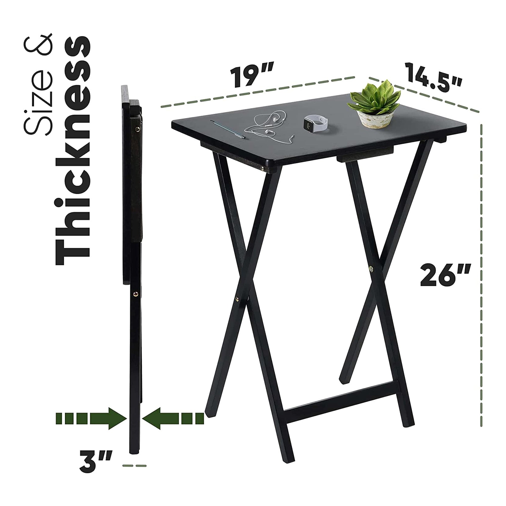 PJ Wood Folding TV Tray, Collapsible Portable Snack Tables, Black, 2 Piece Set - Smart-nests