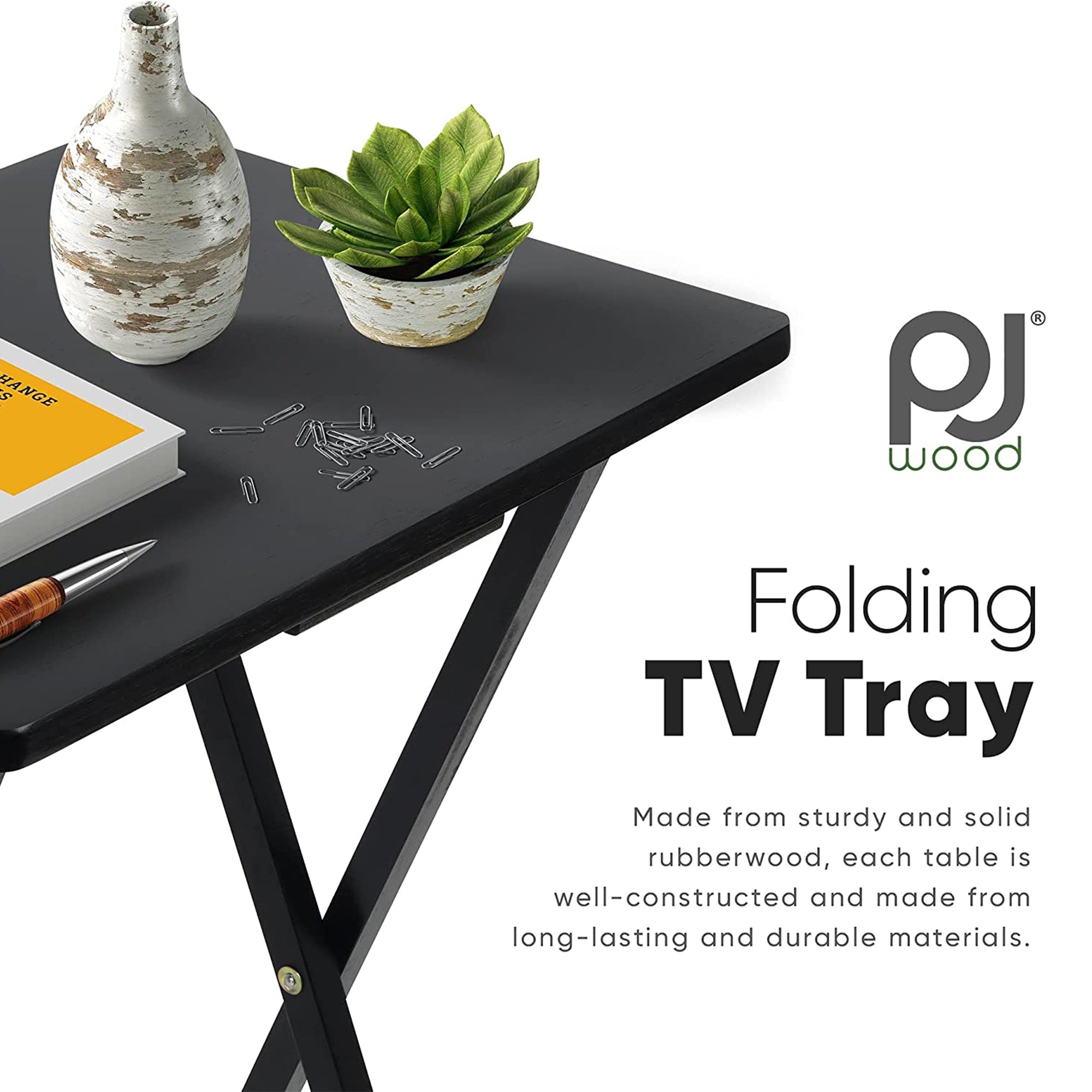 PJ Wood Folding TV Tray, Collapsible Portable Snack Tables, Black, 2 Piece Set - Smart-nests
