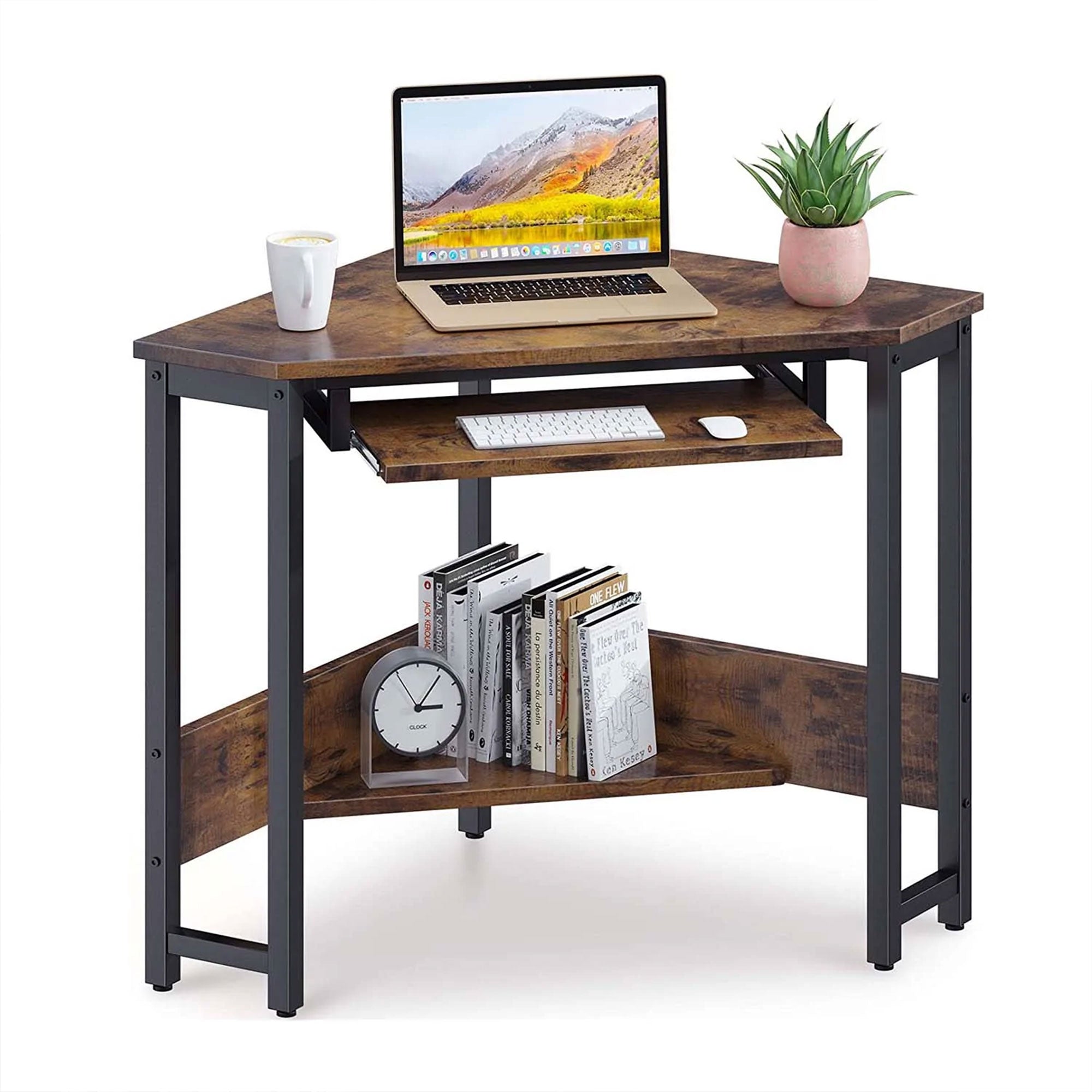 ODK Corner Triangle Computer Desk w/ Storage Space & Keyboard Tray, Rustic Brown - Smart-nests