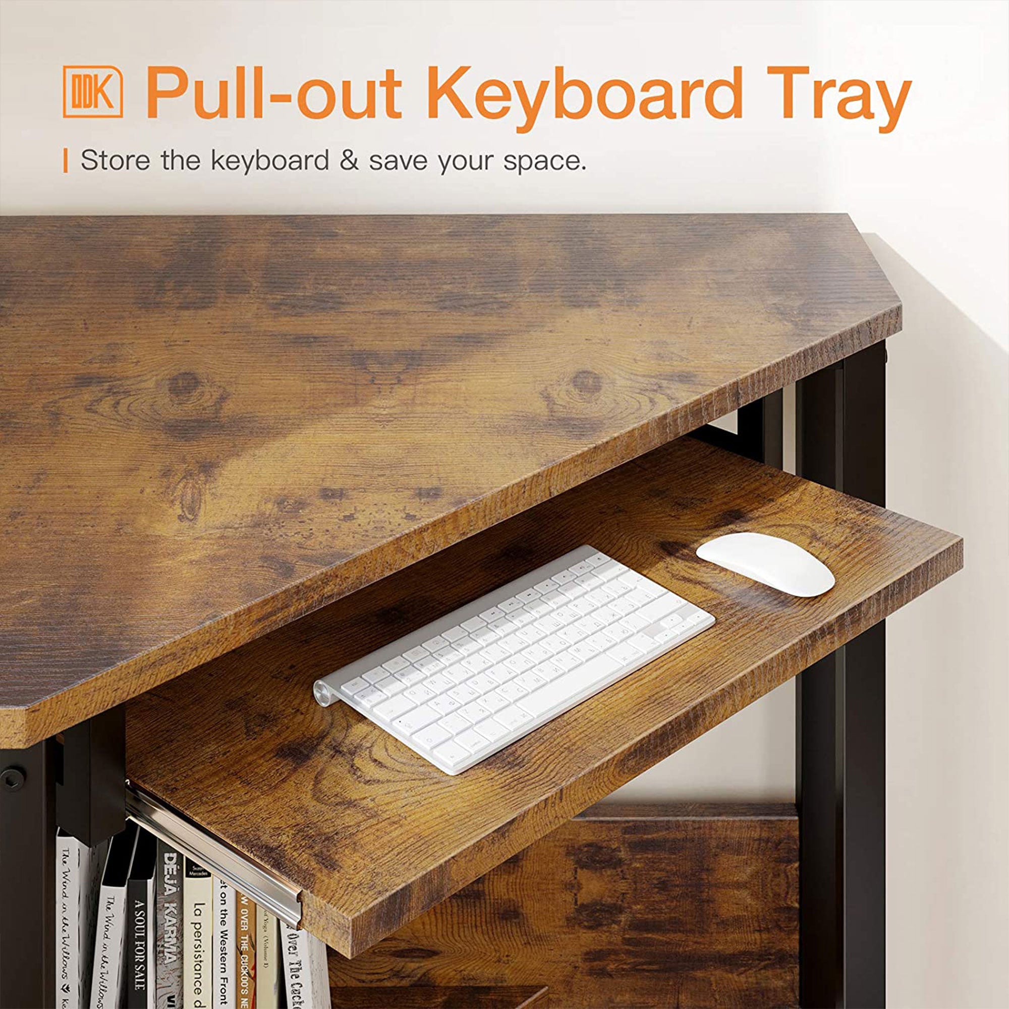 ODK Corner Triangle Computer Desk w/ Storage Space & Keyboard Tray, Rustic Brown - Smart-nests