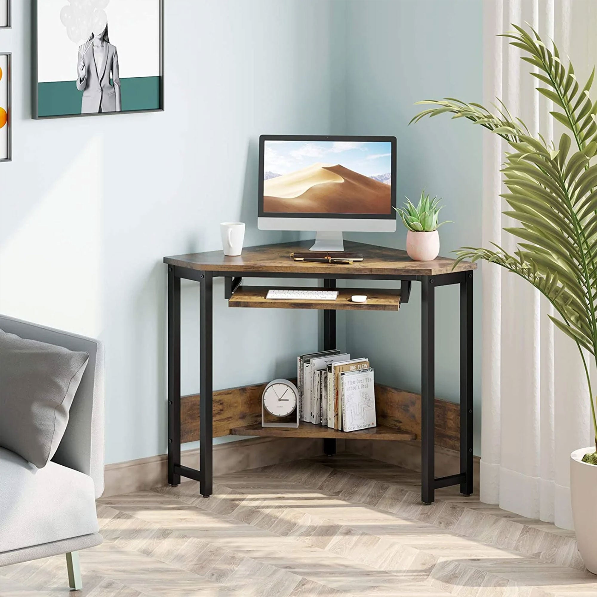 ODK Corner Triangle Computer Desk w/ Storage Space & Keyboard Tray, Rustic Brown - Smart-nests