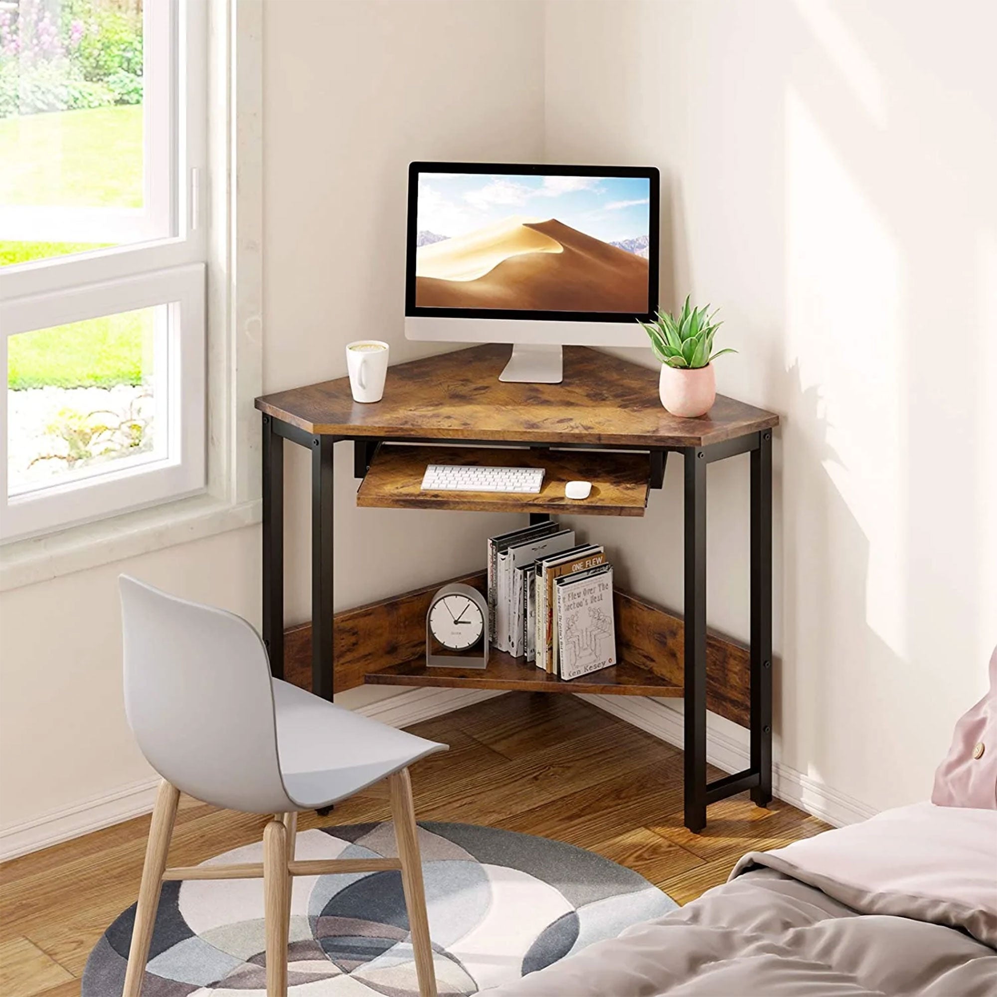 ODK Corner Triangle Computer Desk w/ Storage Space & Keyboard Tray, Rustic Brown - Smart-nests