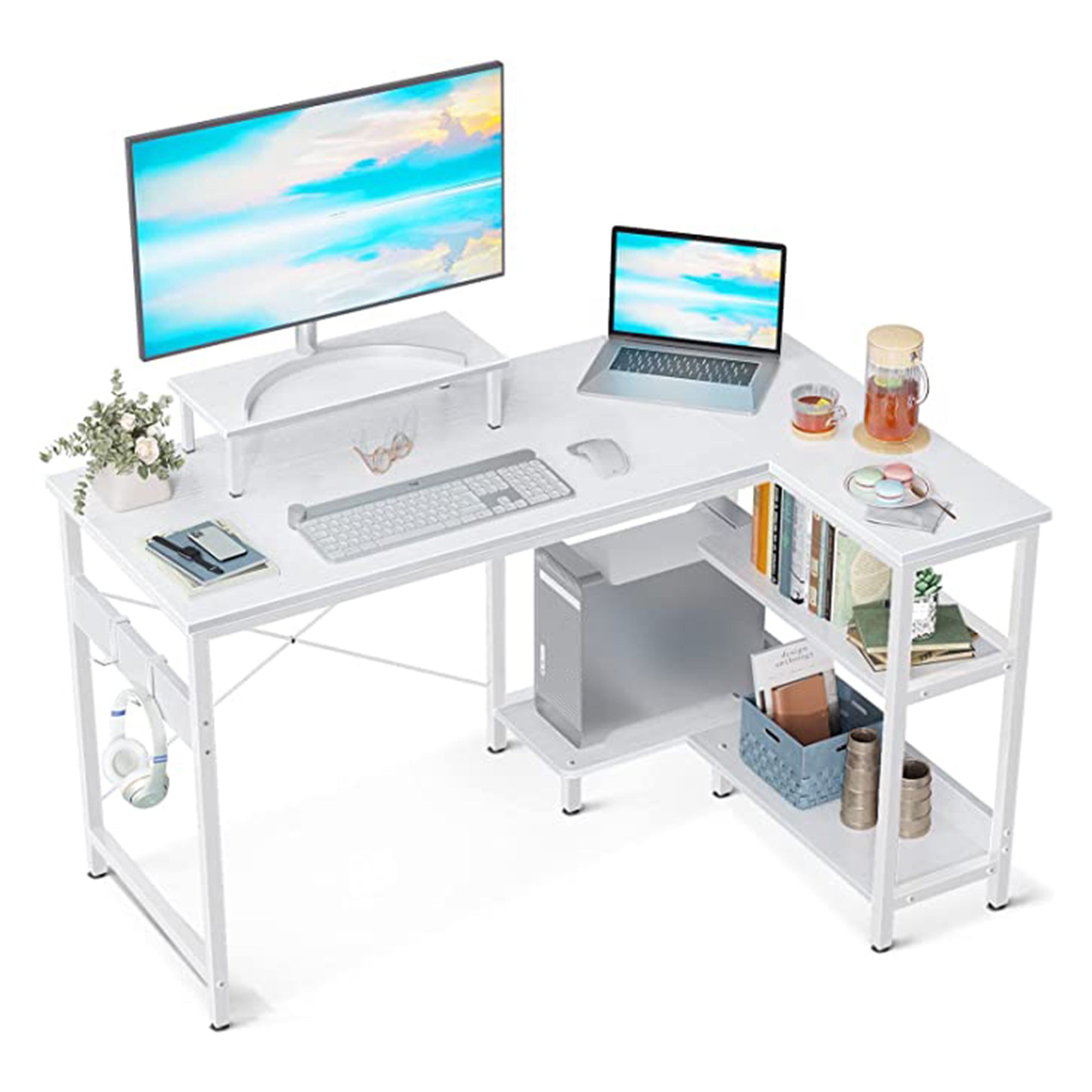 ODK 47 Inch Compact L Shaped Desk with Storage Shelves and Monitor Stand, White - Smart-nests