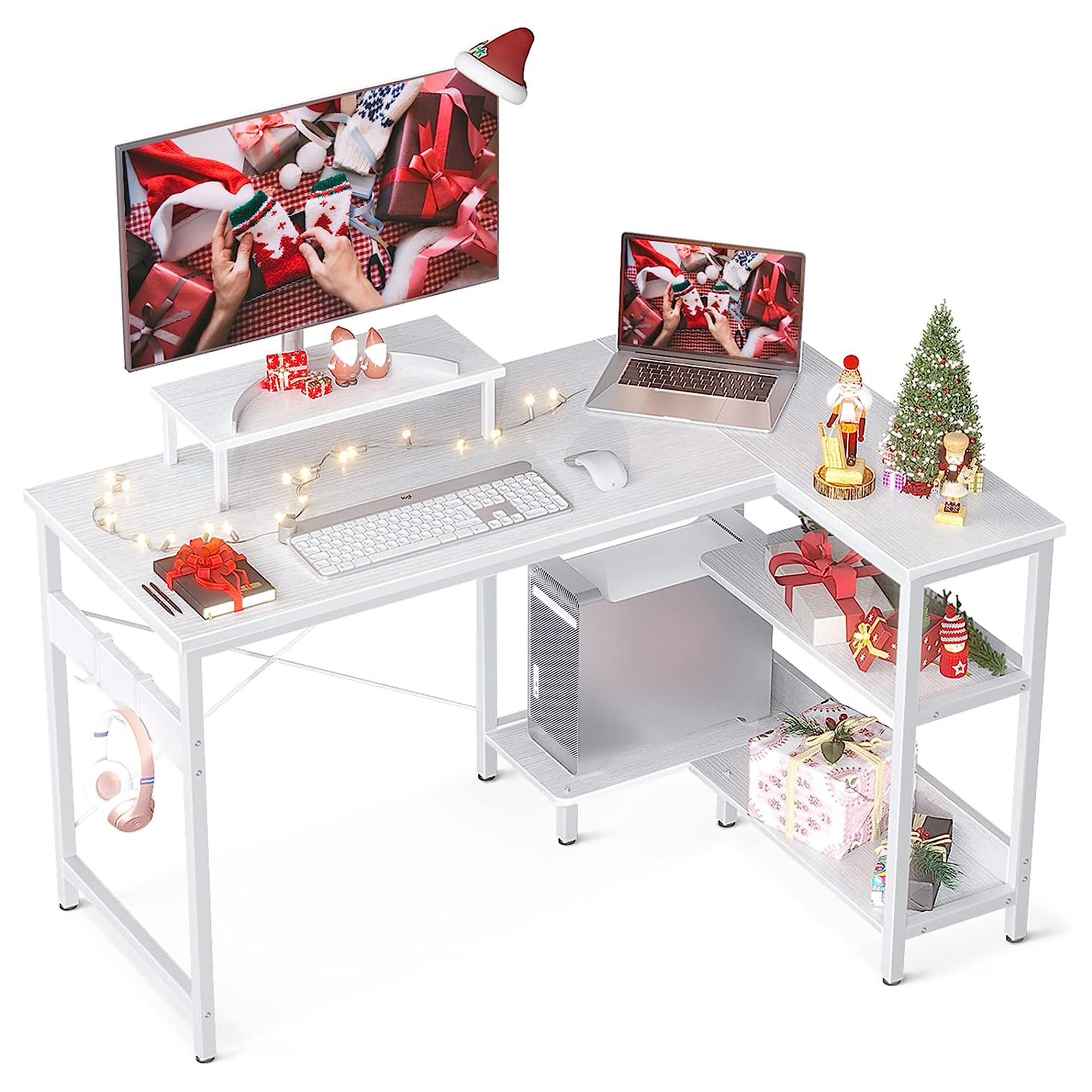 ODK 47 Inch Compact L Shaped Desk with Storage Shelves and Monitor Stand, White - Smart-nests