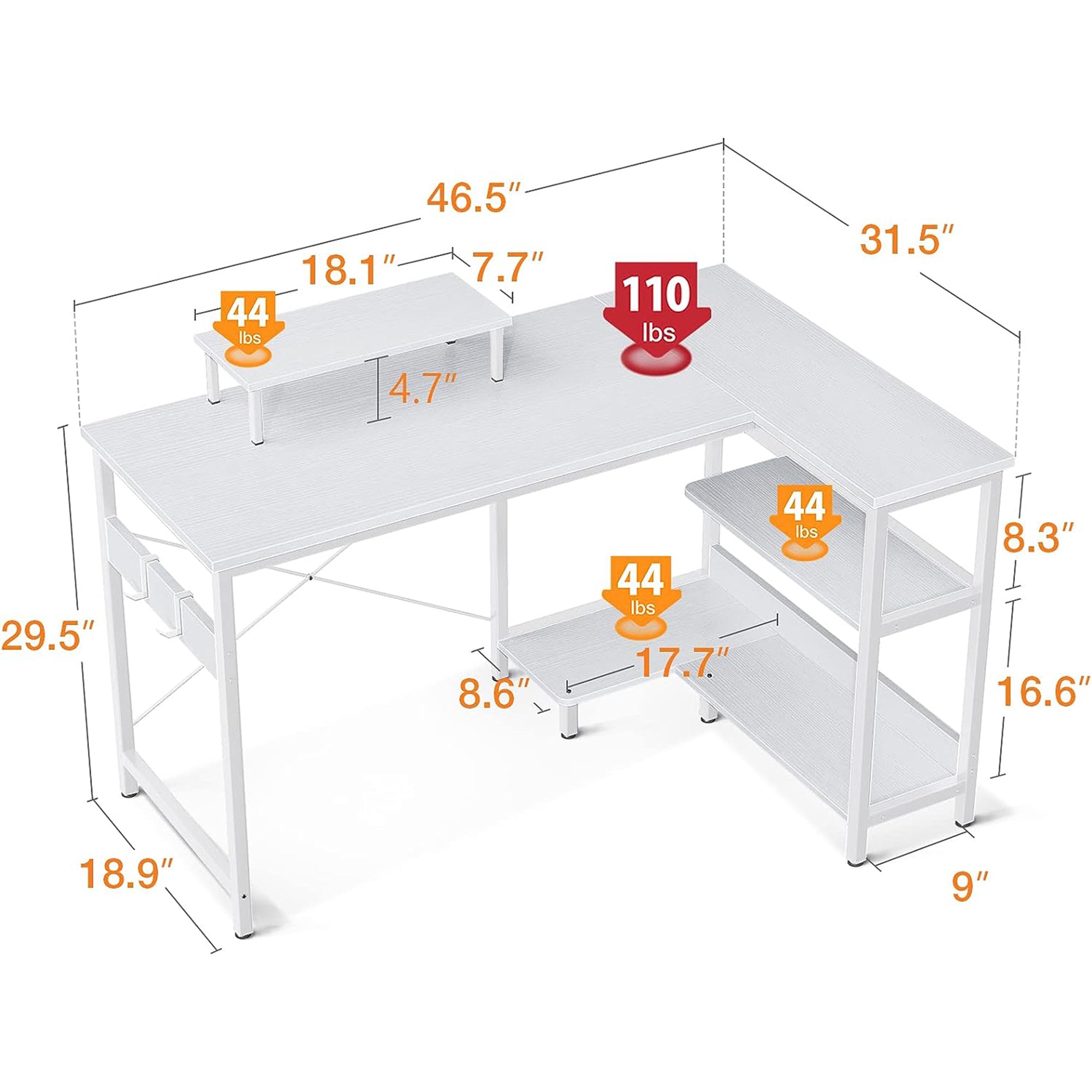 ODK 47 Inch Compact L Shaped Desk with Storage Shelves and Monitor Stand, White - Smart-nests