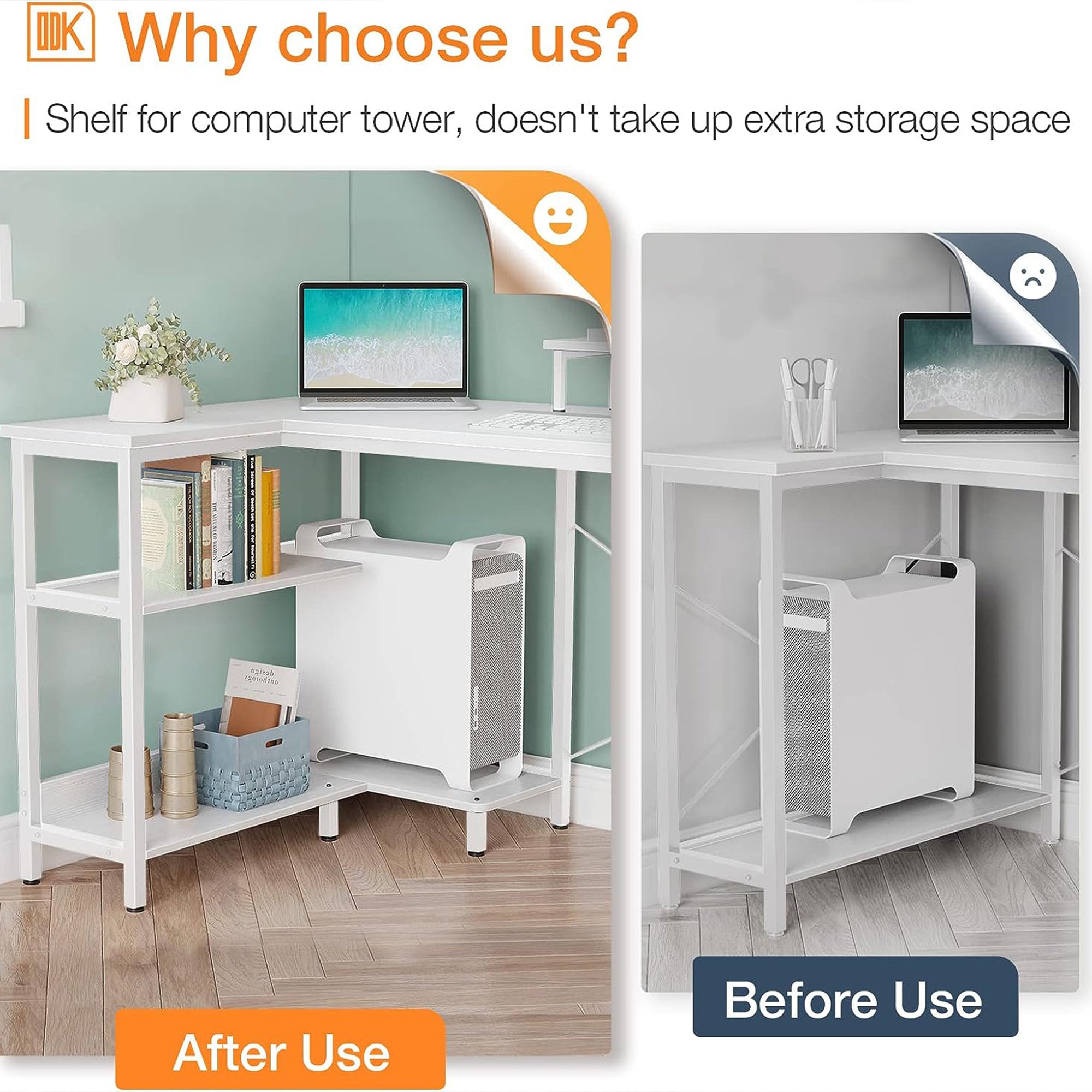 ODK 47 Inch Compact L Shaped Desk with Storage Shelves and Monitor Stand, White - Smart-nests