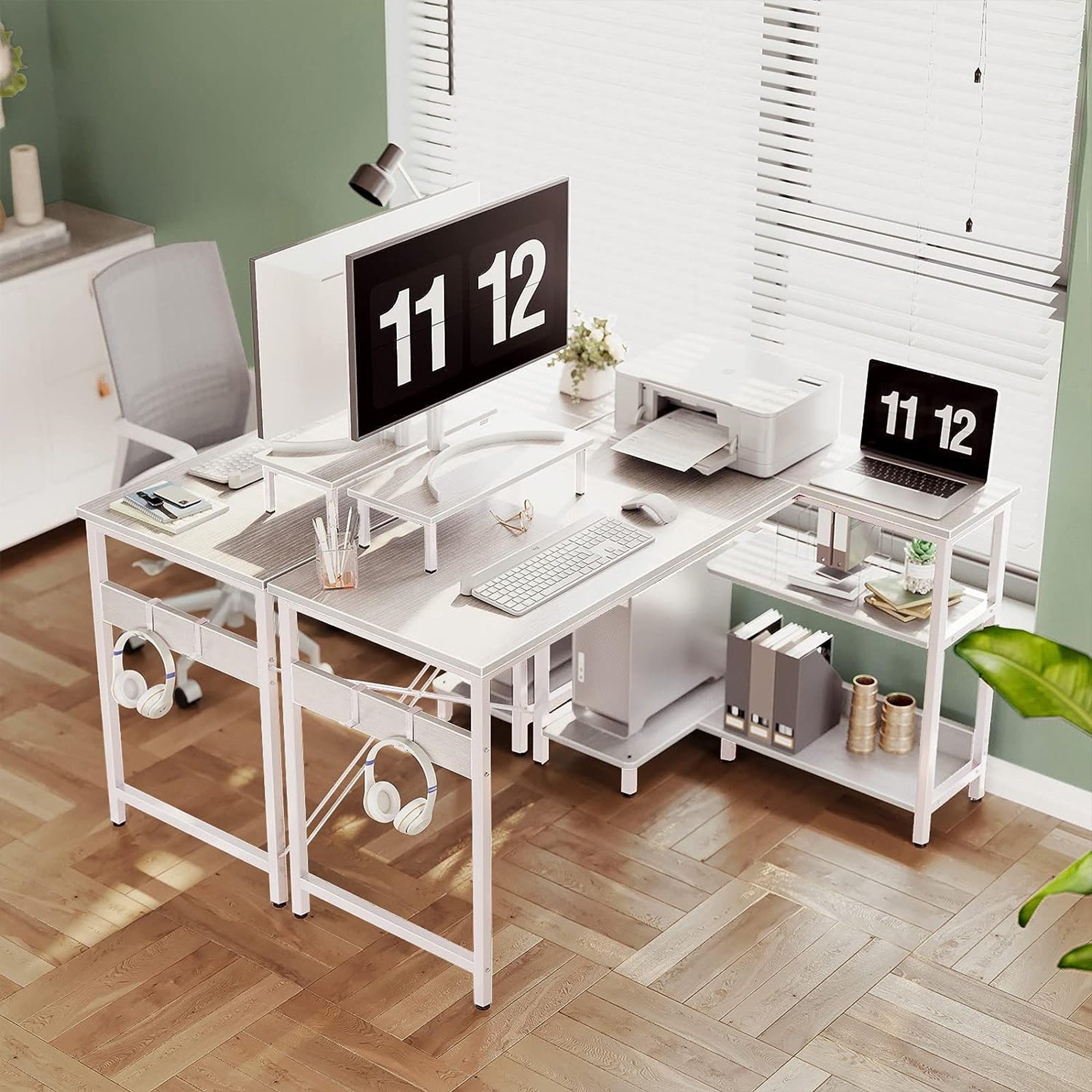 ODK 47 Inch Compact L Shaped Desk with Storage Shelves and Monitor Stand, White - Smart-nests