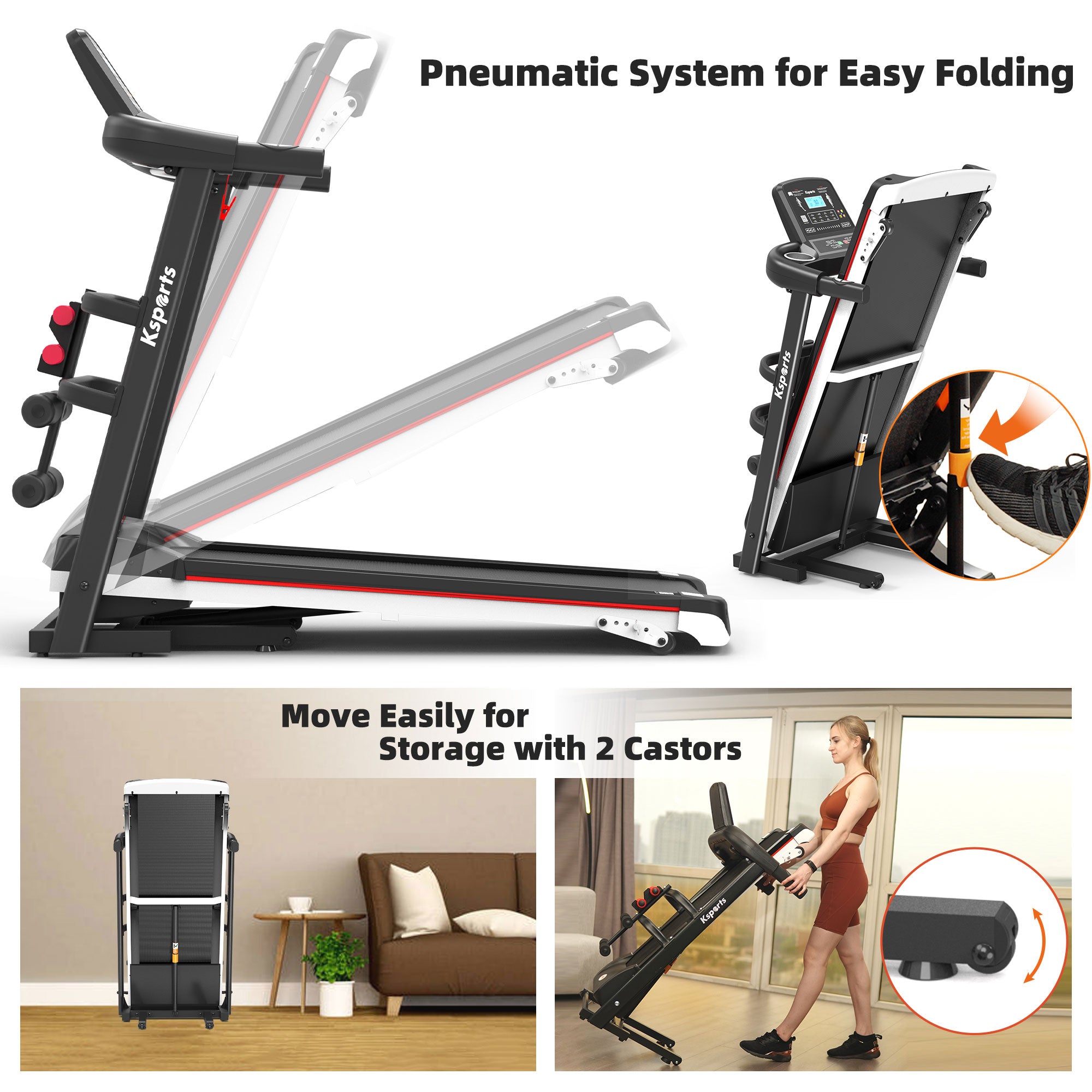 Ksports 16 Inch Wide Foldable Home Treadmill w/ Bluetooth & Fitness Tracking App - Smart-nests
