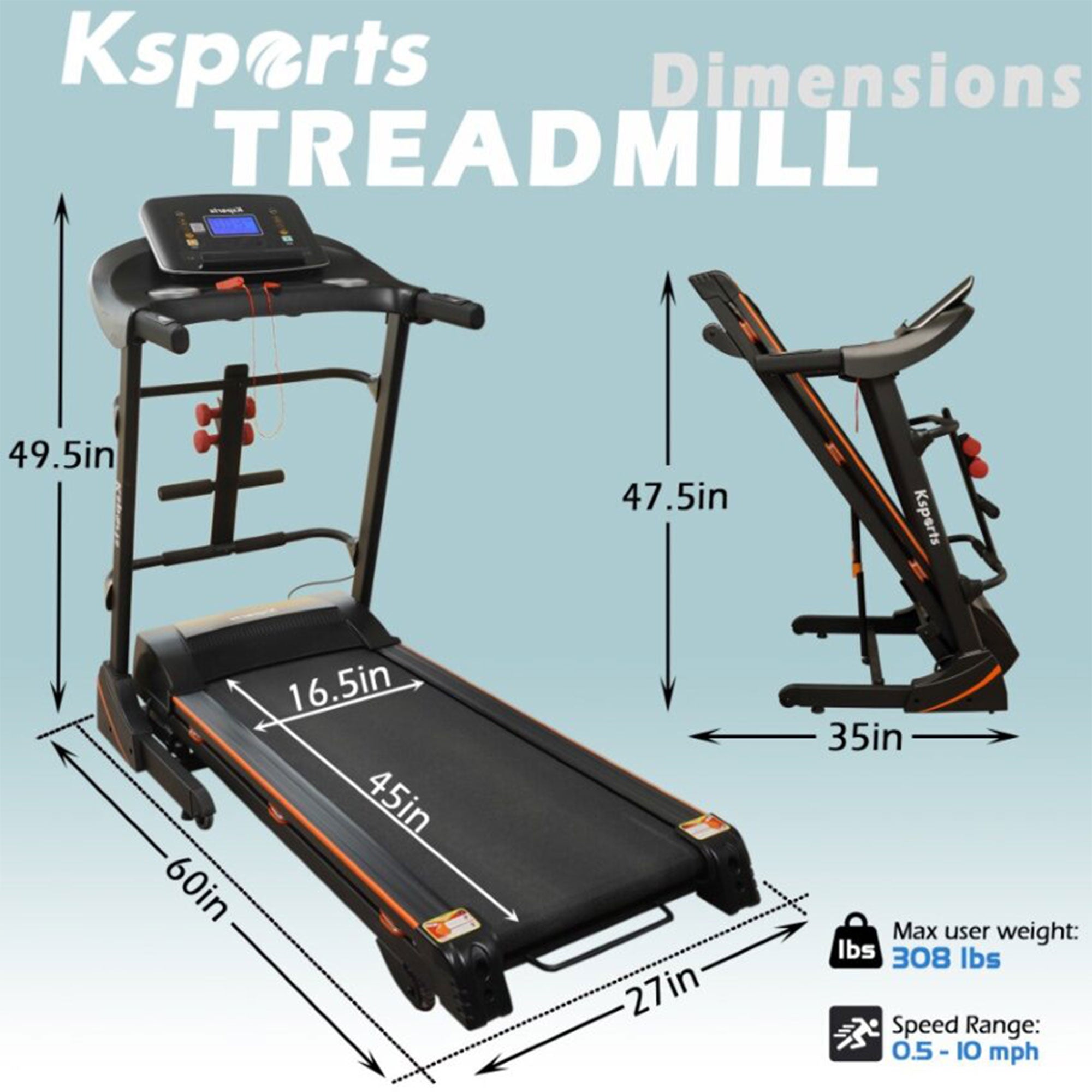 Ksports 16.5 In Wide Foldable Home Treadmill w/ Bluetooth & Fitness Tracking App - Smart-nests