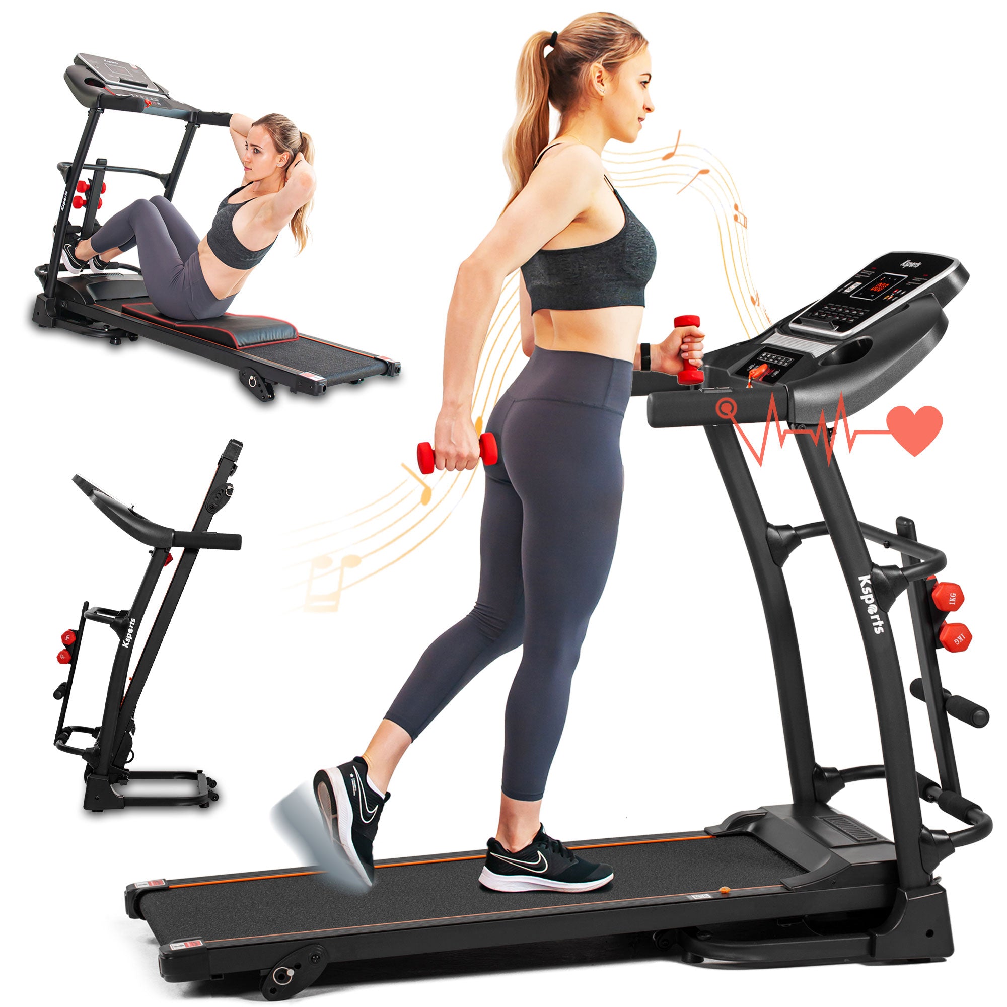 Ksports 16 Inch Wide Foldable Home Treadmill w/ Bluetooth & Fitness Tracking App - Smart-nests